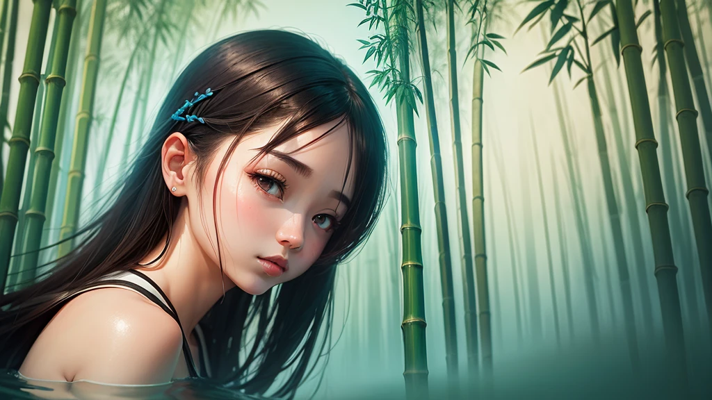 colorwater, negative space, girl, woman, lips, (trees:0.5), (flowers:0.6) ,(birds:0.2), (bamboo0.1), lakes, 杭州, --auto --s2