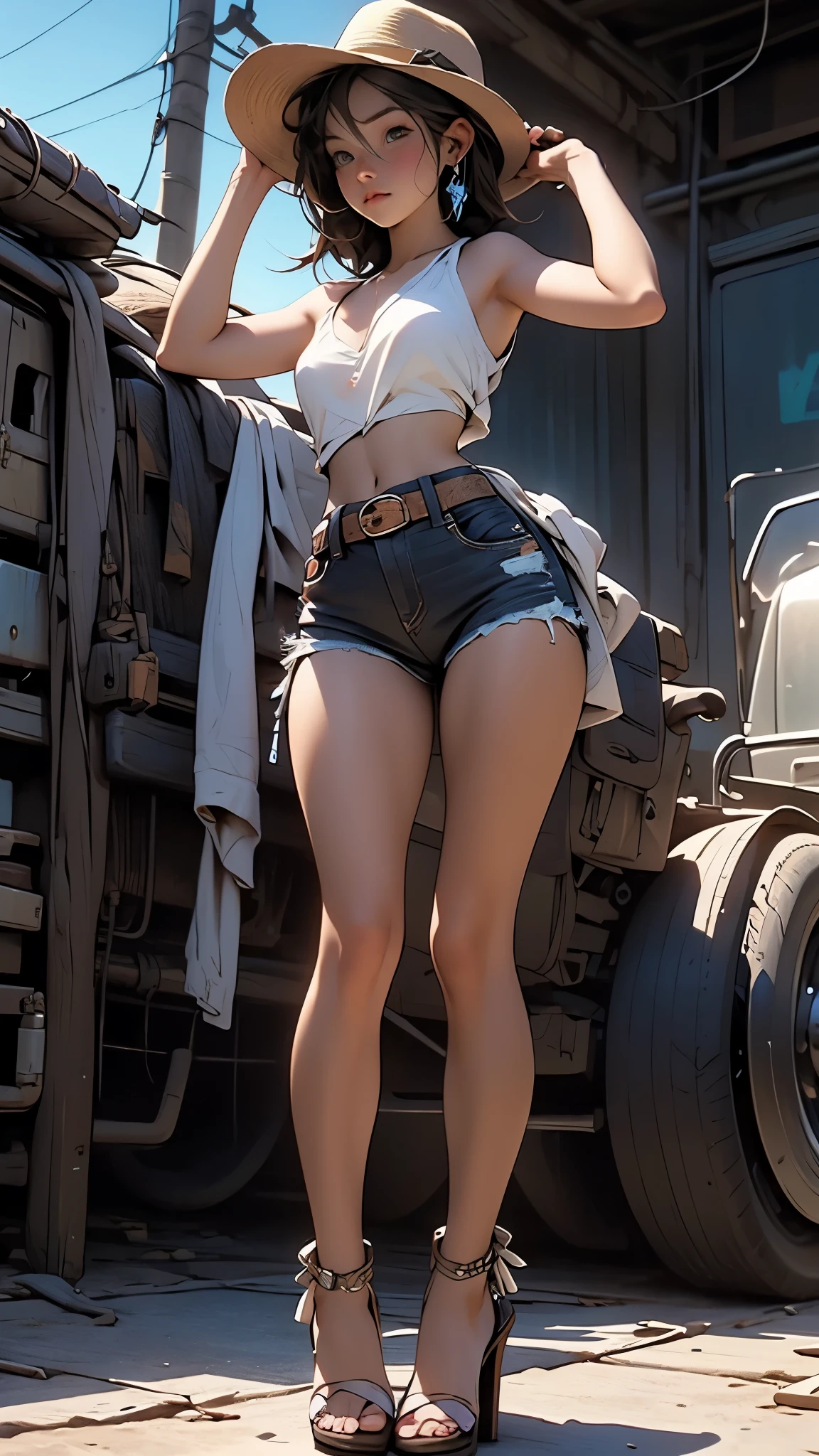 Masterpiece, best quality, 4k, photographic,1girl, thicc craftswoman , large butt, wide hips, ripped daisy dukes, crop top, helmet, sweaty, holding a jackhammer, old building, from side, butt crack visible