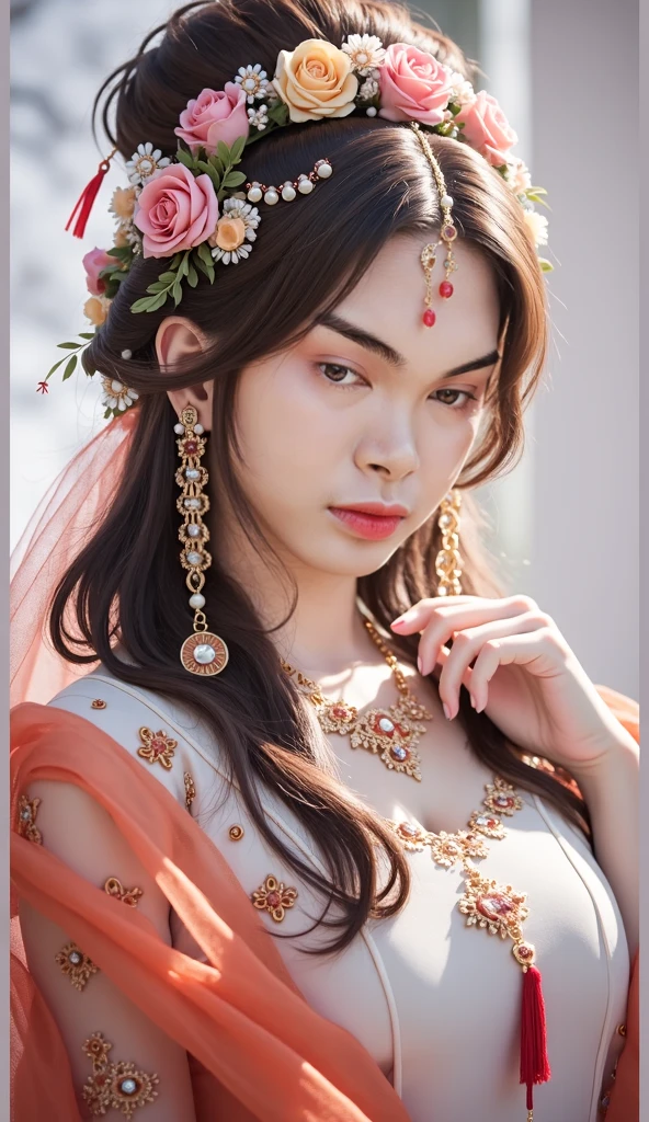 colorful, sky, flowers, magical, fantasy, tale, top-quality,Beautiful detailed hijabi,Bewitching face,tzuyu iu yooa ,long lashes,Wearing a colorful bellydancer,Detailed details,Colossal ,With cleavage, underboob, sideboob,stares at the camera、javanese castle