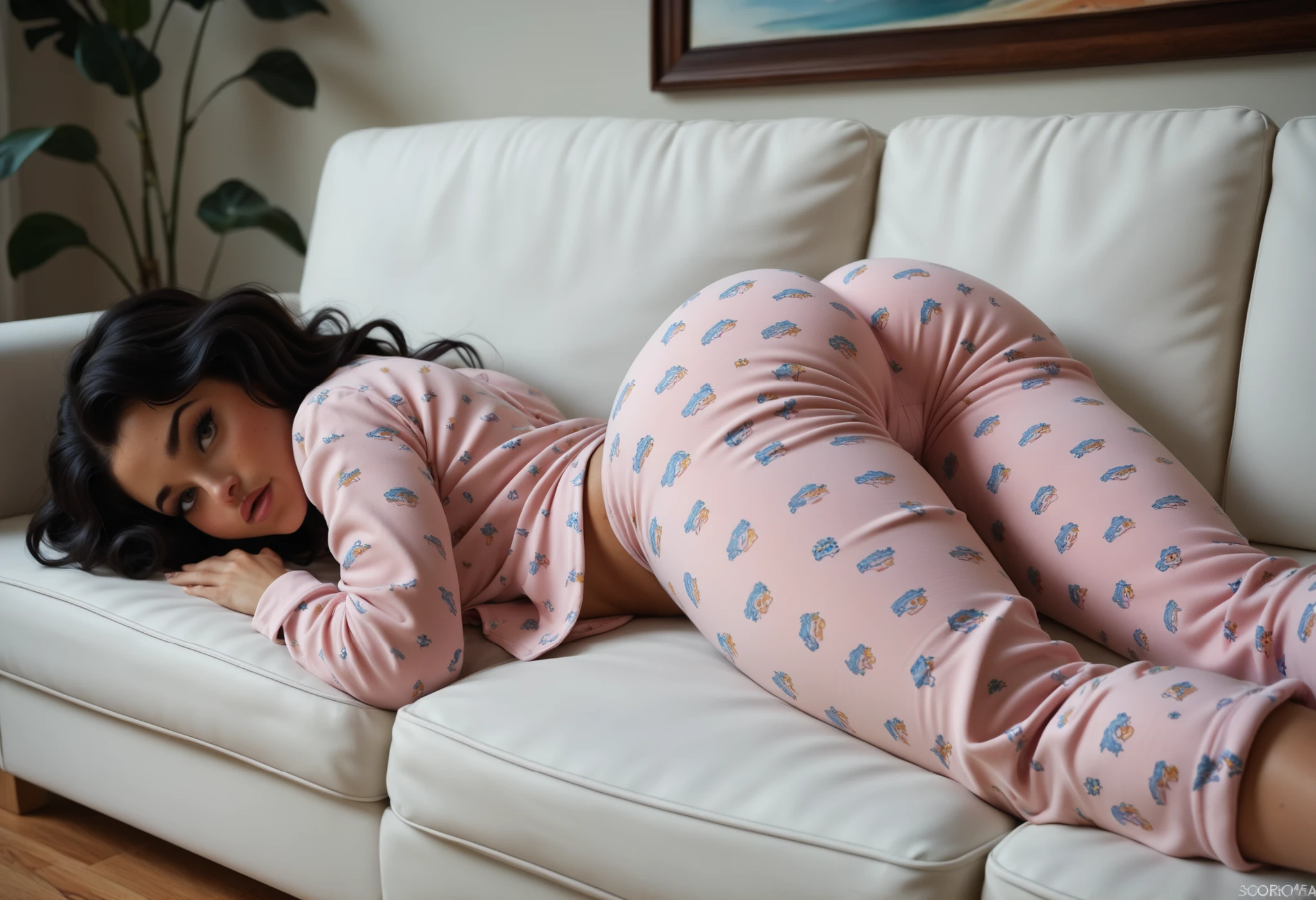 1 , Sozinha, sueco, rubor, (((lying on the couch face down with a perky ass covered with pajama pants))), dressed in sexy pajamas, relaxado, Roommate, college dorm