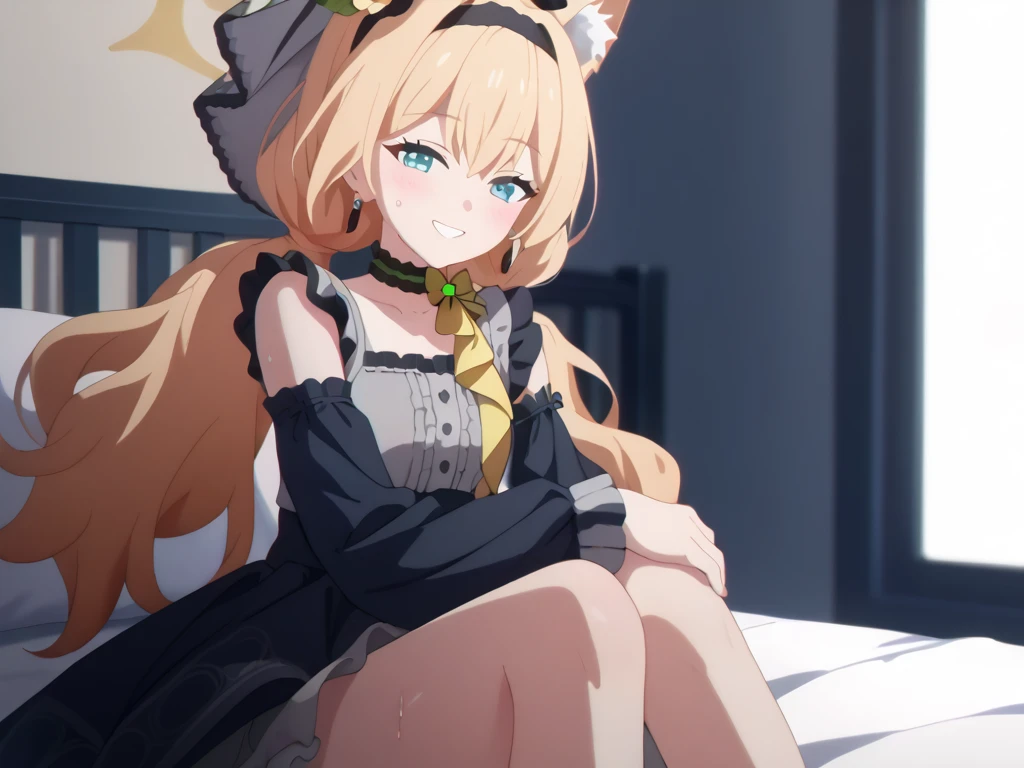 Cute anime girl with long blonde hair and purple eyes wearing an open gray dress sitting on her bed, one leg crossed over theother. She has green ribbons in her hair. Full-body portrait, cute pose, bedroom background, high-quality illustration style, best quality