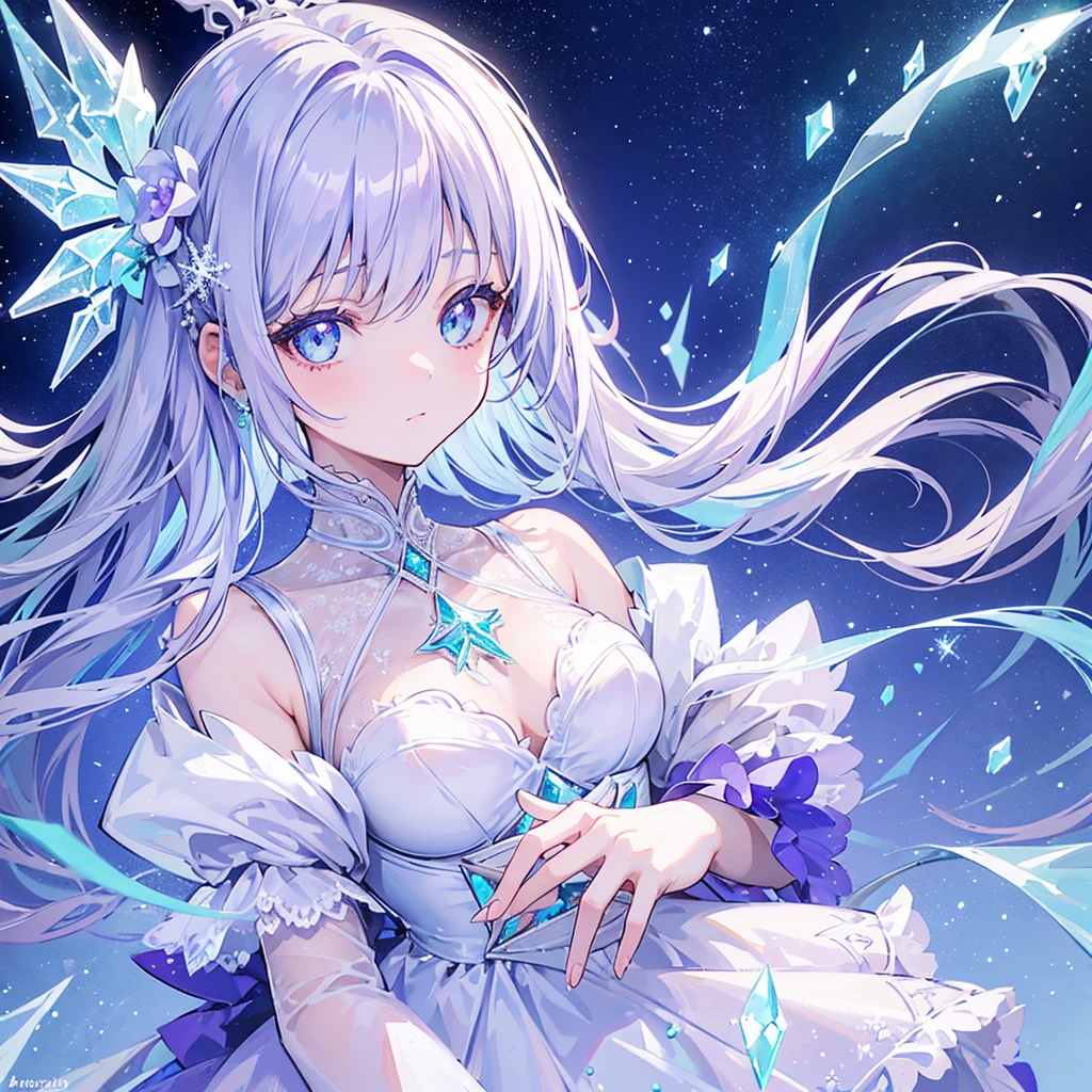 {-erro_de_anatomia:1.0} masterpiece, highest quality, (perfect face:1.1, (high detail)1.1, sweet stardust vampire , long soft white hair, opal eyes, perfectly drawn face, black dress, stars detailed background, prismatic lighting, glitter, whole bod., Very sexy, kneeling holding a crystal star in her hands, backwards, looking back