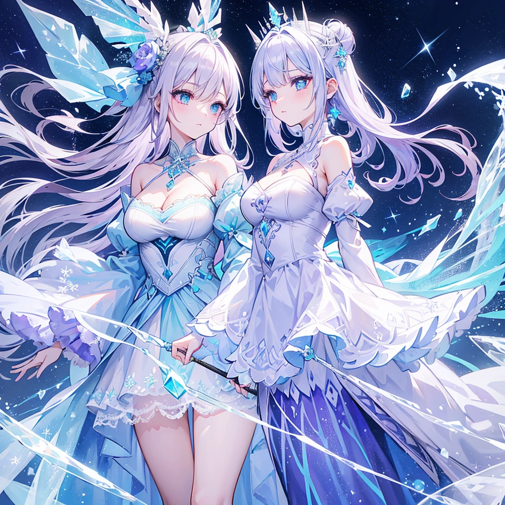 Long light blue and white hair,A silver necklace that shines like a star,Delicate makeup and glossy face,Slim and smooth legs,is a sweet girl,white wedding gown,Lace,