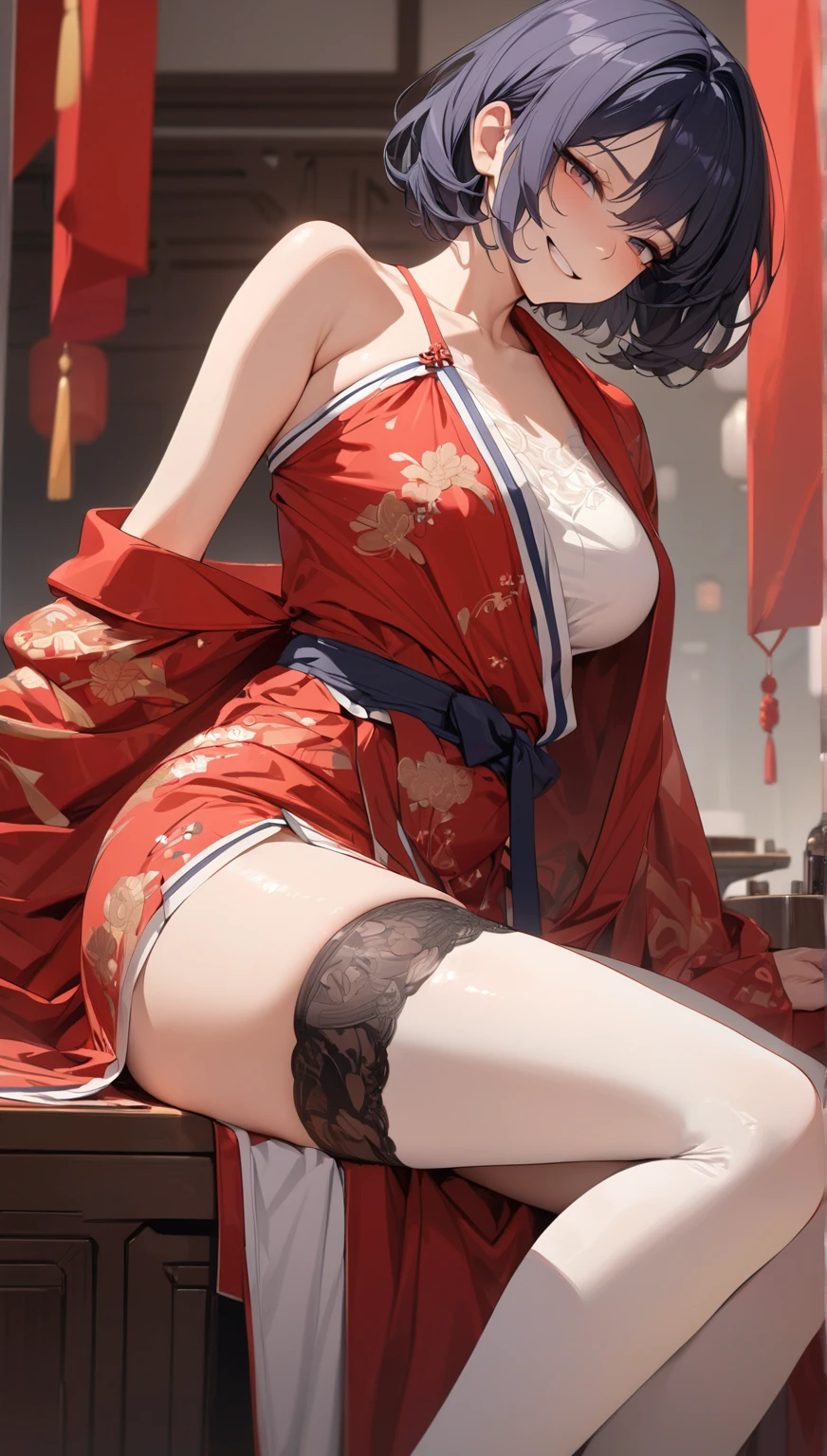 (masterpiece、highest quality)、(Photorealistic:1.4)、 Mature Woman, Beautiful thighs、Front view、1 girl、30 years old、Perfect Face、Symmetrical cute face、(Bun Hair、Black Hair)、Big eyes、Long eyelashes、((expensive))、Beautiful Hair、Beautiful Face、Beautiful and beautiful eyes、Perfect Proportions、Beautiful breasts、Beautiful feet、Beautiful fingers、((High quality fabric、floral pattern cheongsam、Skirt flip))、(To the hospital)、Are standing、 (smile), (((Skirt lift with both hands、Panties and pantyhose are visible)))