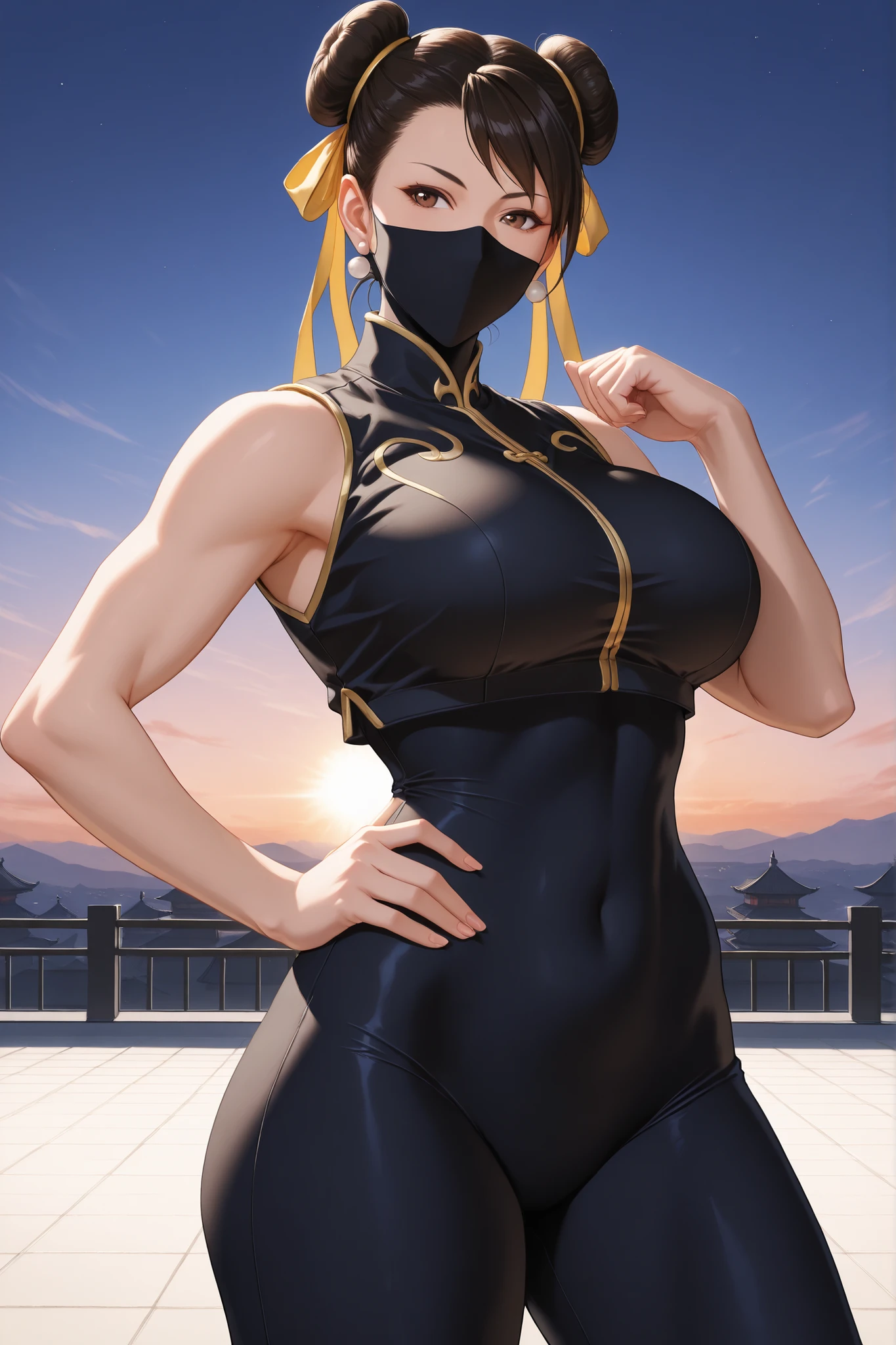 masterpiece, beautiful, ultra-detailed, detailed face, 4k, hd, perfect lighting, best quality, score_9, score_8_up, score_7_up, 2d art, perfect hands, perfect eyes
((cowboy shot)), CHUNLIAL, brown eyes, double bun, yellow ribbon, black bodysuit, black crop top, sleeveless,
1woman, confident pose, 30yo, adult, ((mature woman)), hand on hips, ((perfectly athletic feminine features)), big breast
nsfw, nude, chun li, standing at the edge of a rooftop under a twilight sky overlooking Seireitei
realism, detailed, skin texture style, mouth mask, ninja, ((from back)), looking at me