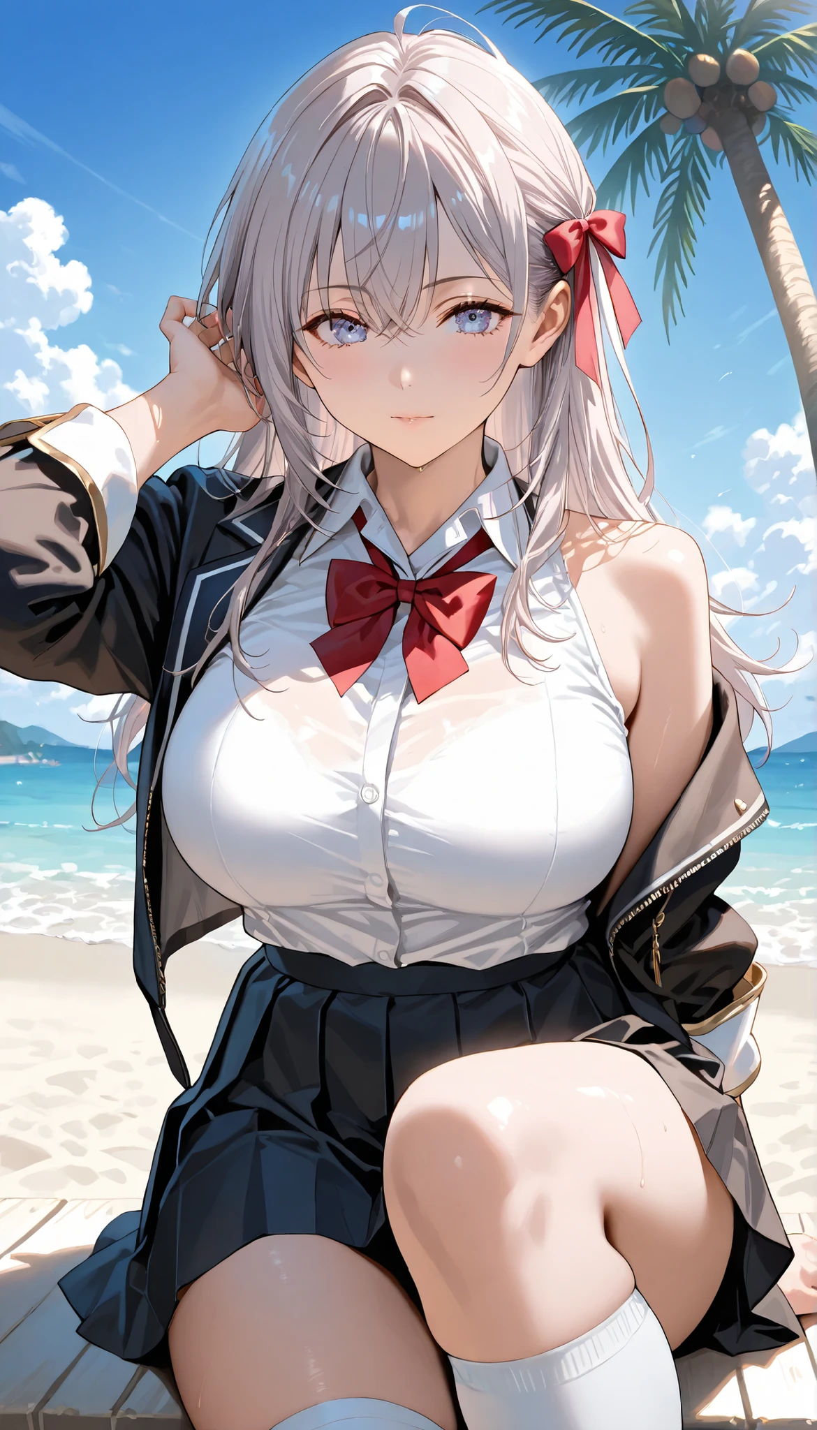 Extra-large big breasts，chiquita，Wearing a small white school uniform，Be red in the face，black lence stockings，Soaked by rain，Get wet，beachside