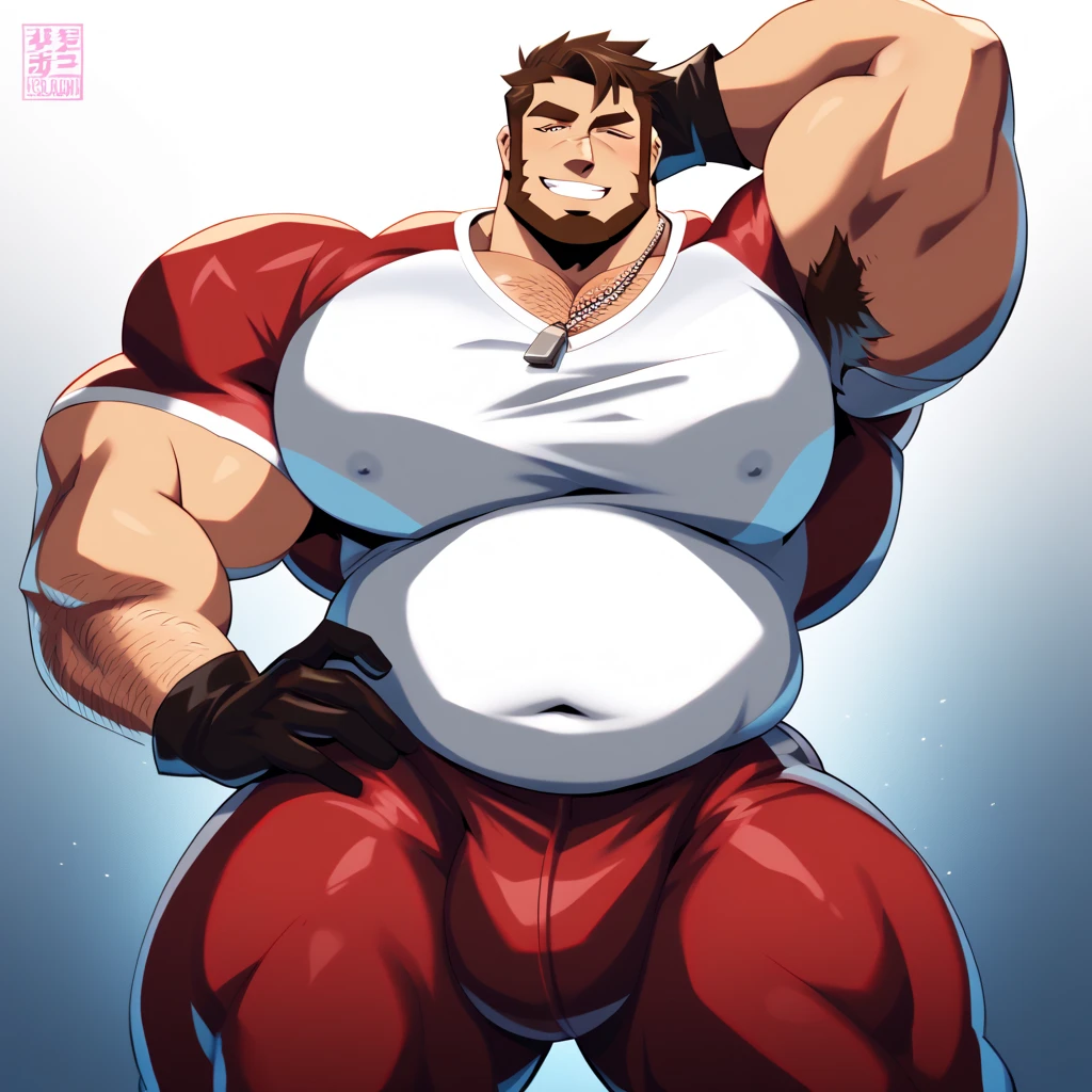 absurderes, hight resolution, 1male people, full body visible (wrestling Magazine covers:1.2), Yaoi(bara) , Stubble,clothes down, matured male, ruggedly handsome face(Zeus), dark eyes, mustache, old face, beefy,thick dark eyebrow, thick eyebrows, Male Focus, designed beard、(wearing red thong), big bulging crotch, big crotch, latex, wrestling uniform, red wrestling singlet, kneeling with legs open, leaning back, crotch in focus, Detailed body,Ultra-detailed eyes,hyperdetailed face,(Gray hair:1.2),(All Back Hair:1.2)、(Very short hair:1.2),(hyper pecs:1.5),Open Claus,(Soft smile:1.2),Perfect ligthing,(flexing biceps:1.2)