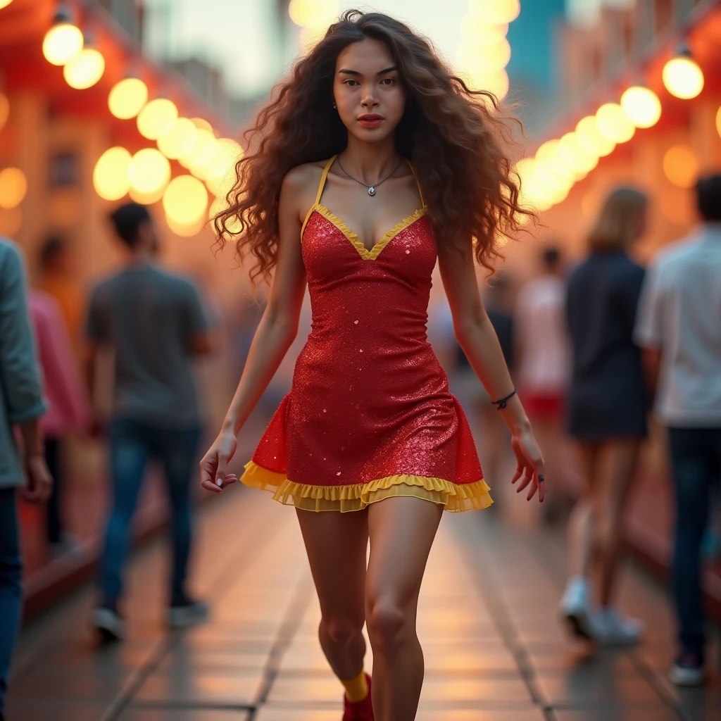 1 girl levitating in air, wearing red lace dress, realistic human faces, people walking on street, intricate details, cinematic lighting, vibrant colors, digital art, photorealistic, 8k, high quality, masterpiece
