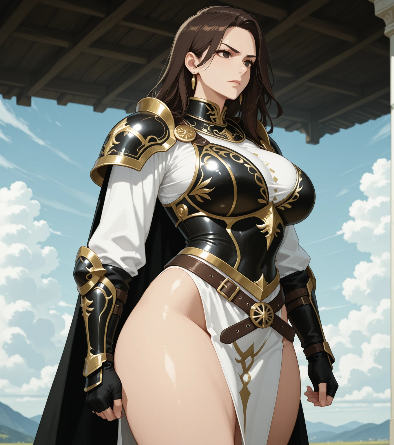 (1 muscular female paladin,25yo),white bikini,(blue and red odd eyes:1.2),perfect hands, perfect finger,perfect anatomy, masterpiece, best quality,realistic, hyperrealistic, 16k hdr,,(dark brown long hair:1.2),braid,(red blush),navel,fighting pose,branwen, heterochromia, sandals, side plait, drill_hair, arm shield, large breastage,(broattoo),bracelet,holding wooden sword,(colosseum background:1.2),standing,sweat,upper body,from below,spread legs,