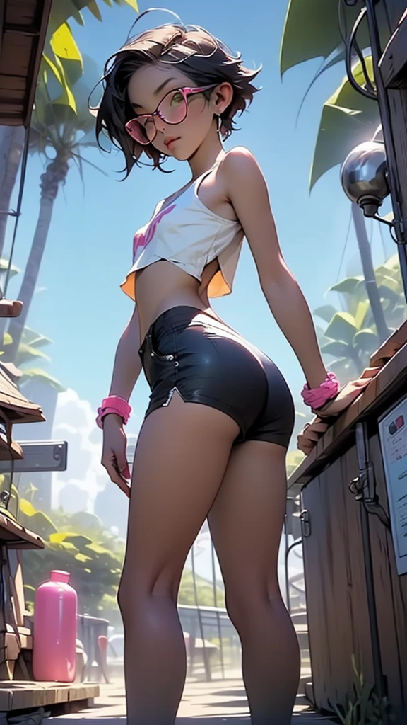 superflat, flat colors, 1girl, 19yo, slim, (medium breast), short bob dark hair, shy, vibrant colors, vibrant, bright, watercolor, ((wearing skimpy mini skirt:1.5)), (very small sexy t-shirt top:1.5), ((Lying down on her stomach, ass up:1.5)), ((POV pose:1.3)), (in the park:1.4)