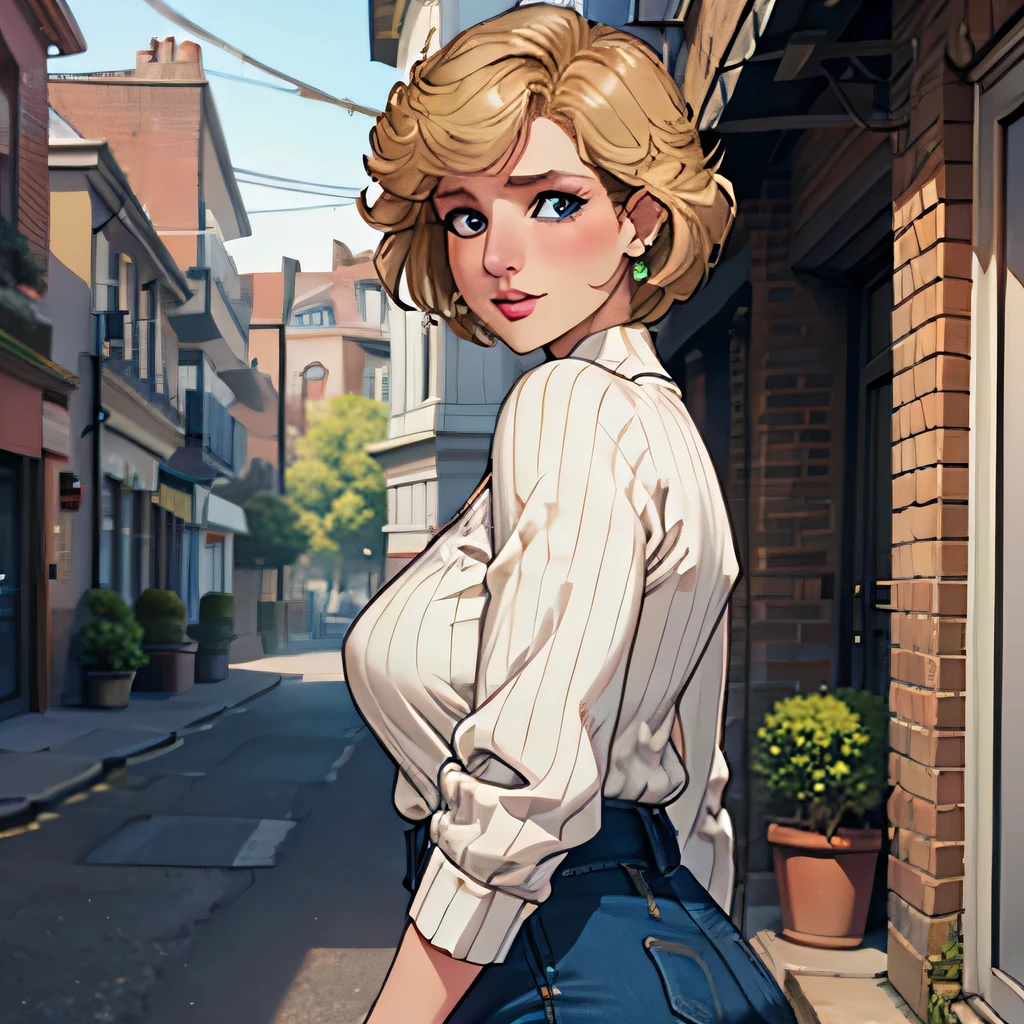 (masterpiece:1.3), (8k, realistic, RAW photo, top quality: 1.4), (one girl at the Expo), beautiful face, (realistic Face), Beautiful Hairstyle, realistic eyes, beautiful details, (realistic Skin), beautiful skin, absurd, charm, super high resolution , super real, very well detailed, golden ratio, (best shadows), like in a movie, (complicated:1.4), high contrast, Side Lighting, ((Princess Diana)), ((Accurate hands and fingers)), ((white Vneck sweater, vertical stripes)), 38-year-old English woman, ( Gold, short hair:1.3), (sweat), ((half closed eyes:1.2)), ( wrinkles between eyebrows), nsfw big breasts, cleavage, ( plump body), BREAK ((full body)), BREAK ((back alley in LONDON)), ((steam:1.1))