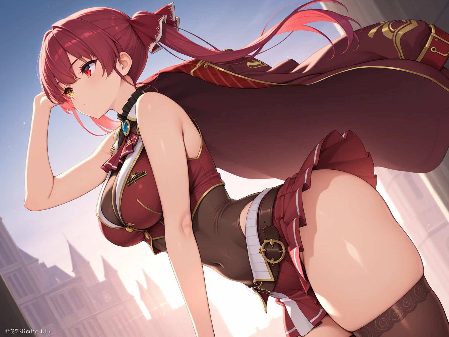 masterpiece,best quality, wizzard, short hair, red hair, ((twin tail)), red eyes, cloak, red_ornamentedium_tits)), exposed belly, 1girl, legs exposed, strikes, Perfect face, short skirt, knee socks,add_detail:1, add_detail:0, add_detail:0.5, moody light,and the sun was shining brightly,8k,hyper-detailing, ((staff_weapon)), from behind, ((ass)), looking back, thong