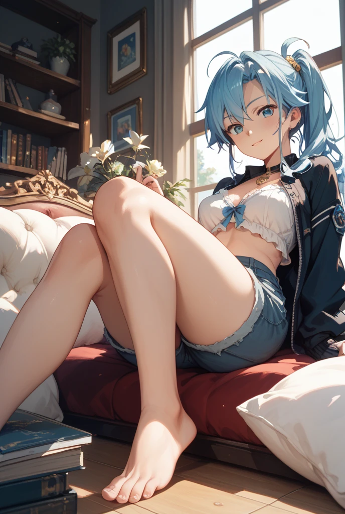 (masterpiece, best quality, ultra detailed, 8k, wallpaper, photorealistic), full body, 1 girl, 25 years old, perfect body, perfect anatomy, perfect hands, long round legs, short blue hair girl in a sleeveless hanging blouse, mini skirt, smooth anime cg art, anime style, realistic anime 3d style, high-quality anime art style, digital anime art, Ross Tran style, realistic anime art style, style anime, modern anime style, the anime girl is reclining posture
