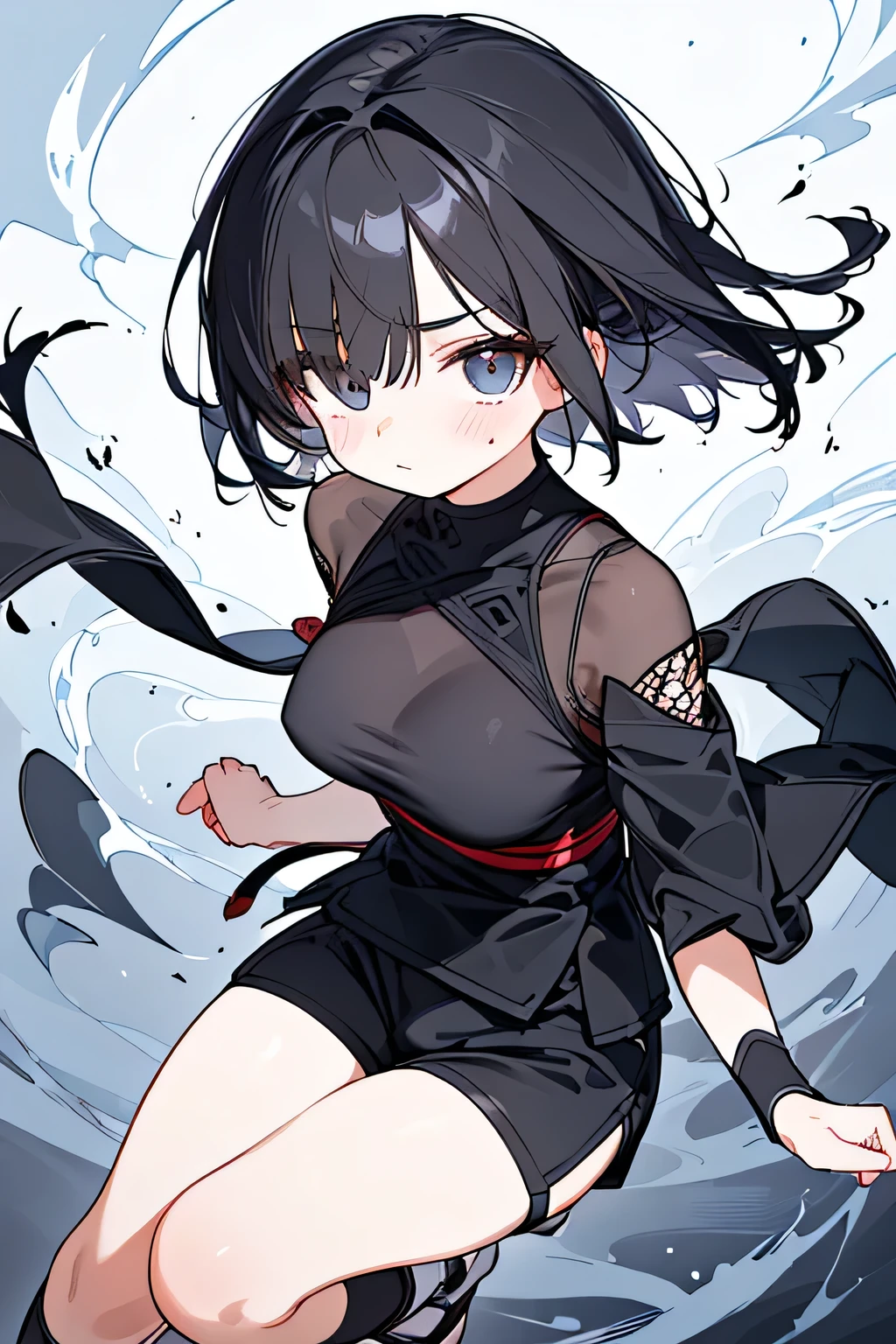 Beautiful Girl，NINJA WIND,（（Hair covering one eye）），Mysterious Atmosphere， natural body，（ mesh short sleeve，shorts，Ninja Costume，）， Uri， socks，clear skin，（Slender Body，marshmallow breasts ，），beautiful black hair，detailed clothes，well-groomed face，middle school students，Fair skin，Japanese face，
