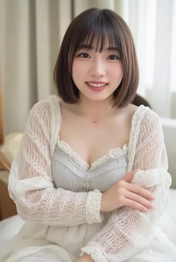Cute face like an 18-year-old idol Smiling Kindly Japanese Lolita Cosplay Cleavage morning Hotel Living Room (whole body) RAW Photos High resolution Genuine Live Action Accurate depiction Realistic