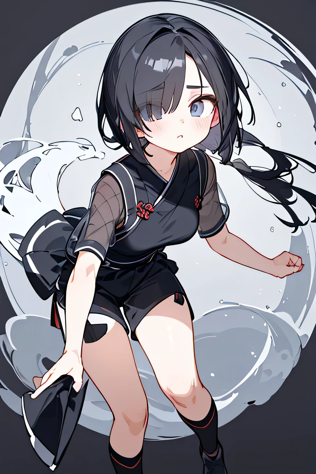 NINJA WIND,((Hair covering one eye)),Mysterious Atmosphere, natural body,( mesh short sleeve+shorts,Ninja costume), Uri, socks,clear skin,(Slender Body,marshmallow breasts ,),beautiful black hair,detailed clothes,well-groomed face,middle school students,Fair skin,Japanese face