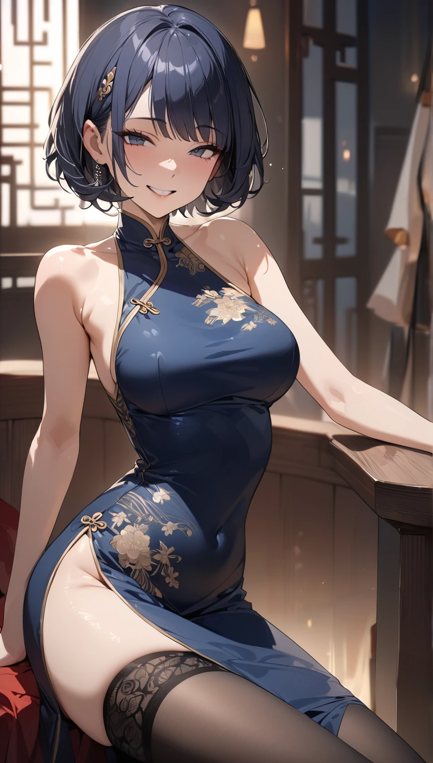 (Masterpiece), (Top Quality Anime Illustration), (Super Definition), One Girl, Solo, Silver-haired Beautiful Girl, Anime Loli, Cat Ear Loli, Light Blue See-Through Cheongsam Dress, Short Cheongsam, Sleeveless, Smile, Cleavage Emphasis, Lower Breast Emphasis, Thighs, Tarot Card Wind