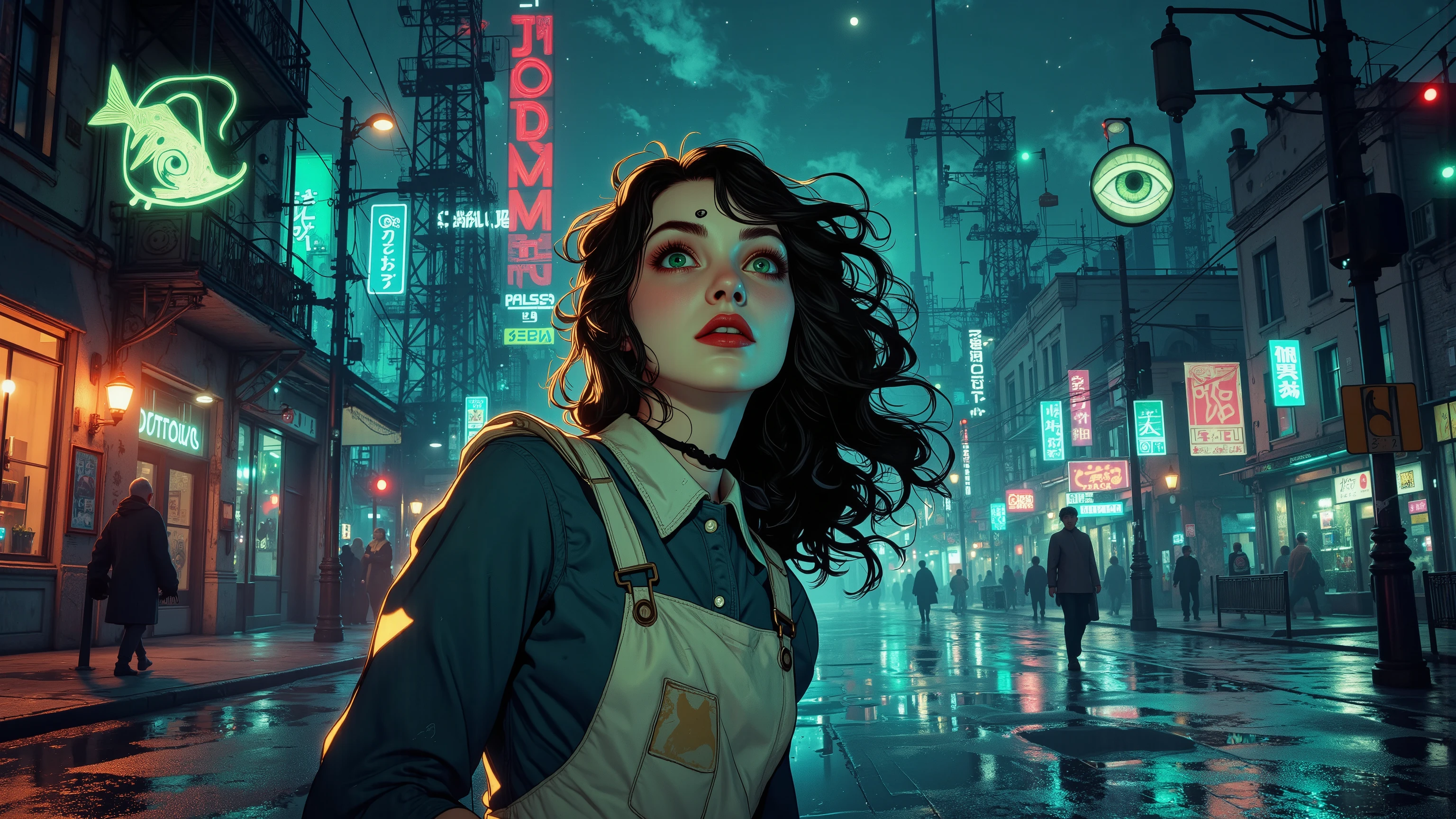 Alice Liddell, street lights, (black light), tilt angle, Eye of Providence, fisheye-lens, mad, lunatically, creepy, glowing geometrical fish, radio tower