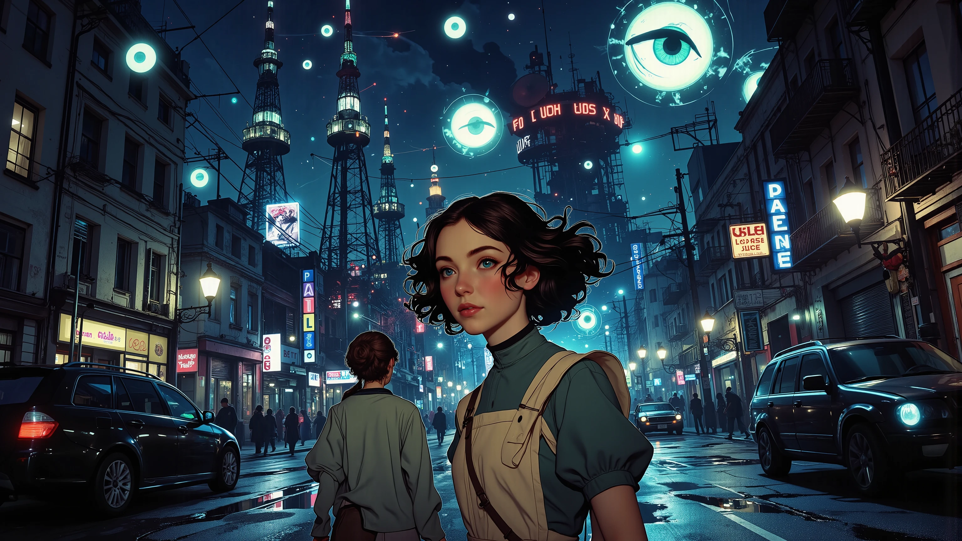 Alice Liddell, street lights, (black light), tilt angle, Eye of Providence, fisheye-lens, mad, lunatically, creepy, glowing geometrical fish, radio tower