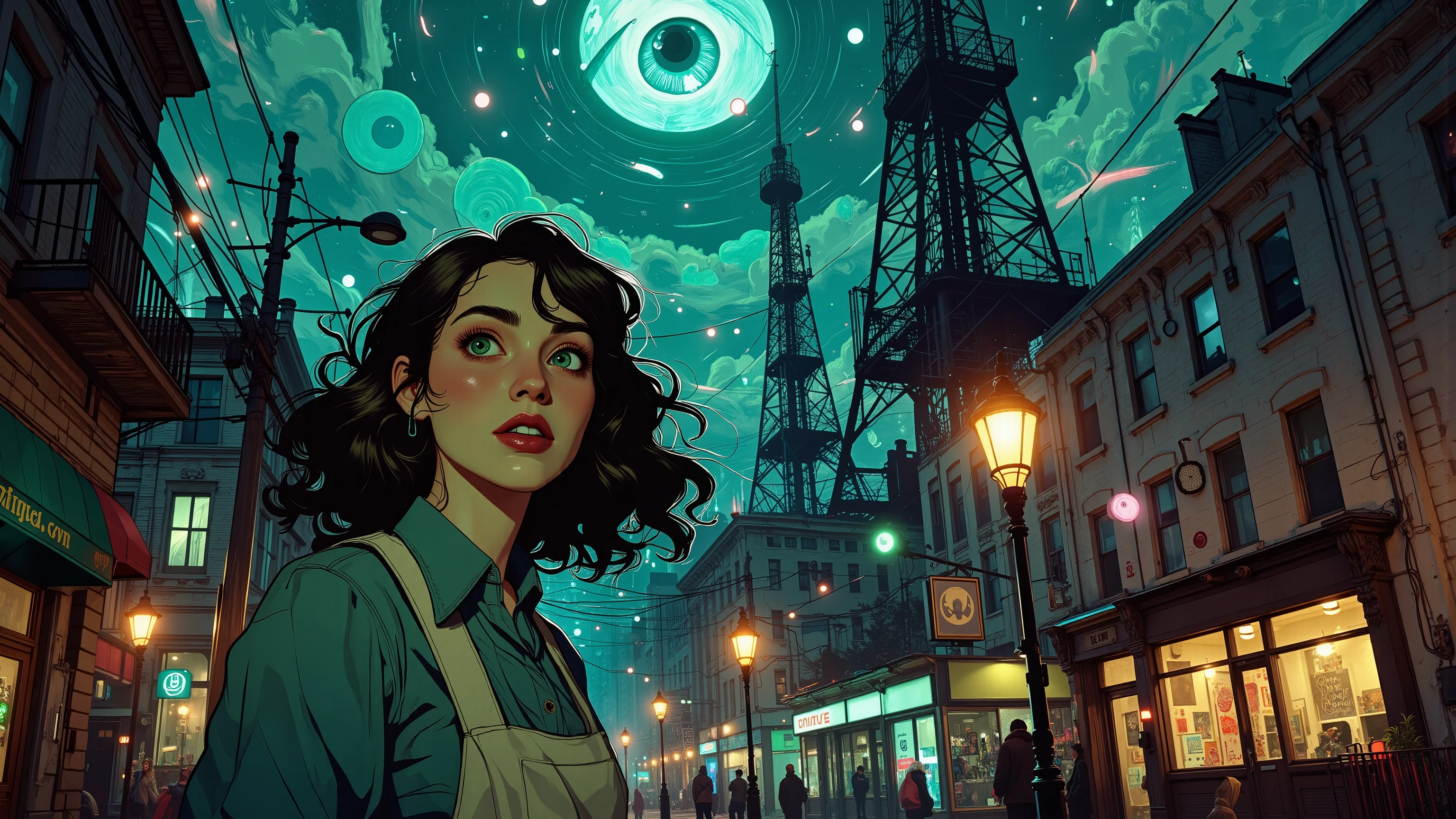 Alice Liddell, street lights, (black light), tilt angle, Eye of Providence, fisheye-lens, mad, lunatically, creepy, glowing geometrical fish, radio tower
