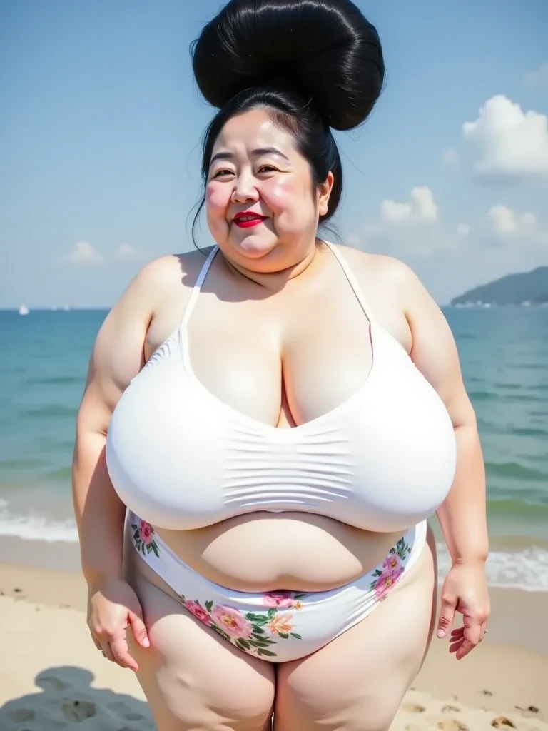 1 Japanese girl,White skin,Sweat,(fat),(very fat face),(Japanese girl,White skin,Sweat,(fat),(Big Beautiful Woman),(over 250kg),(Fat cheeks),(Fat chin),(upturned nose),(Big tits),(Fat hips),(Fat belly),(Fat legs)Very realistic,Sea side,(Black Micro bikini),(Front view),((Whole bady)),