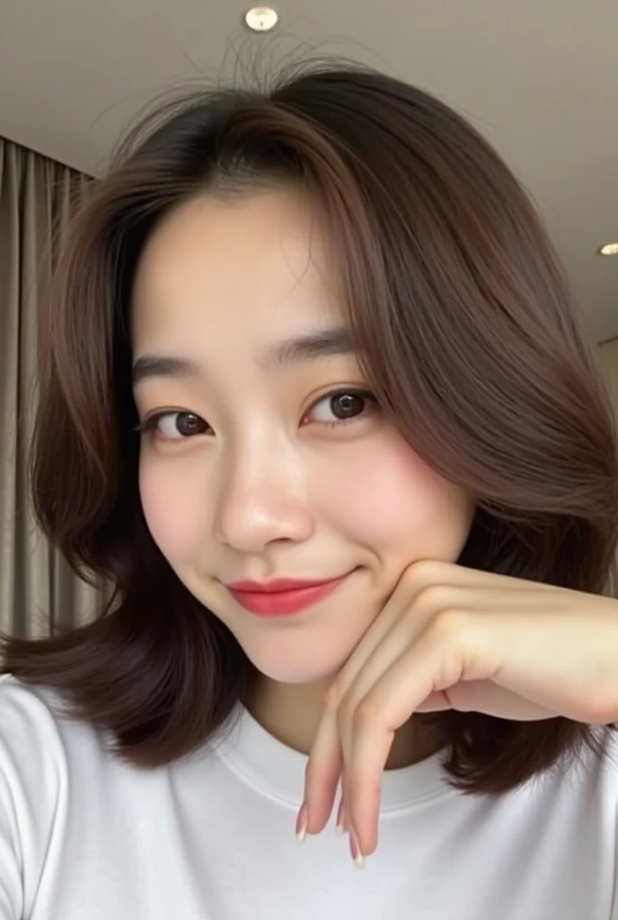 Highest quality,8k,Brown Hair,Shoulder-length bob,clear系美女,ccup,smile,Shiny skin,Wearing a white T-shirt,Wearing jeans,Shown in full-body photo,Looking up,Strong sunlight, bright, She is smiling gently with the corners of her mouth turned up,Realistic skin texture,double eyelid,Japanese,Taking a selfie,Eye color is dark brown,In front of the white door,White wall,a sunny day,clear,19~22age,Photorealistic,Arms behind head,Looks energetic,giggle,Super detailed,Ultra-high resolution,She is wearing red lipstick