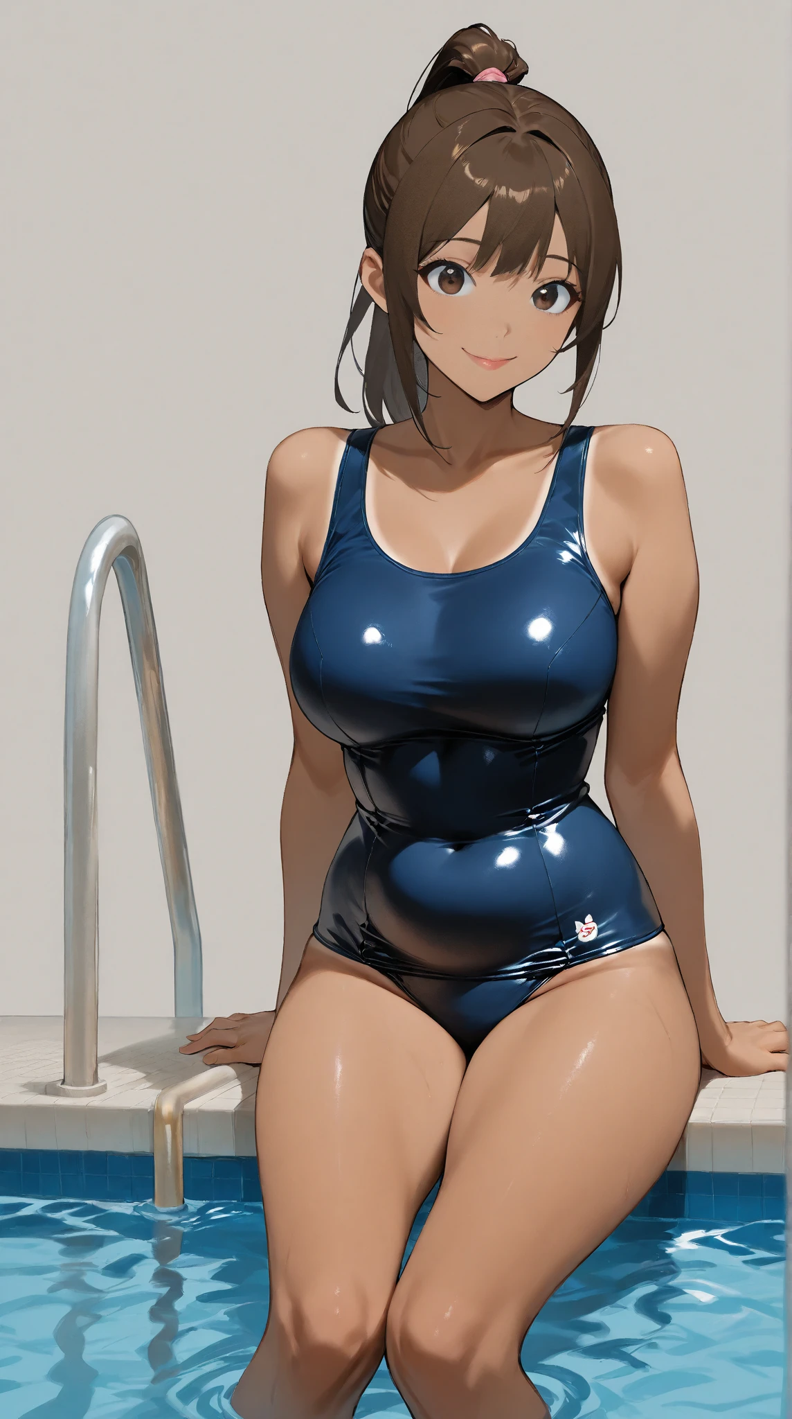 1 girl,Blue leotard,Super High Leg Cut,blue eyes,Serious face,Brown Hair,Bob Hair,Science Room,Science Lab,Big Breasts,blush,Sweat,barefoot,bare hands,thin,Embarrassing,dark,shy,smile,tickle,saliva,Lying down,Prone