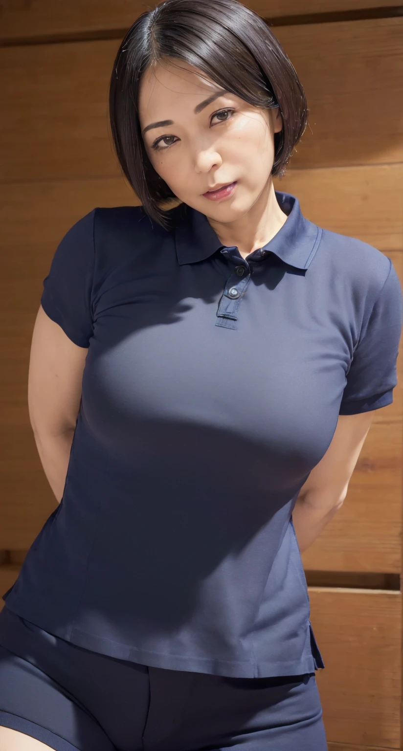 ((Best quality at best, 8K, tmasterpiece, sporty attire: 1.3)), (View the audience), photo-realism, Focus sharp, Alone, The Moro Islamic Liberation Front of Japan, Big breasts are beautiful,curlies, Wrinkles at the corners of the eyes, to emphasize, ((Large breasts:1.3))),,aged 40, curlies, Eyes have wrinkles, (Wearing American football protective gear:1.5)((looking at viewert))