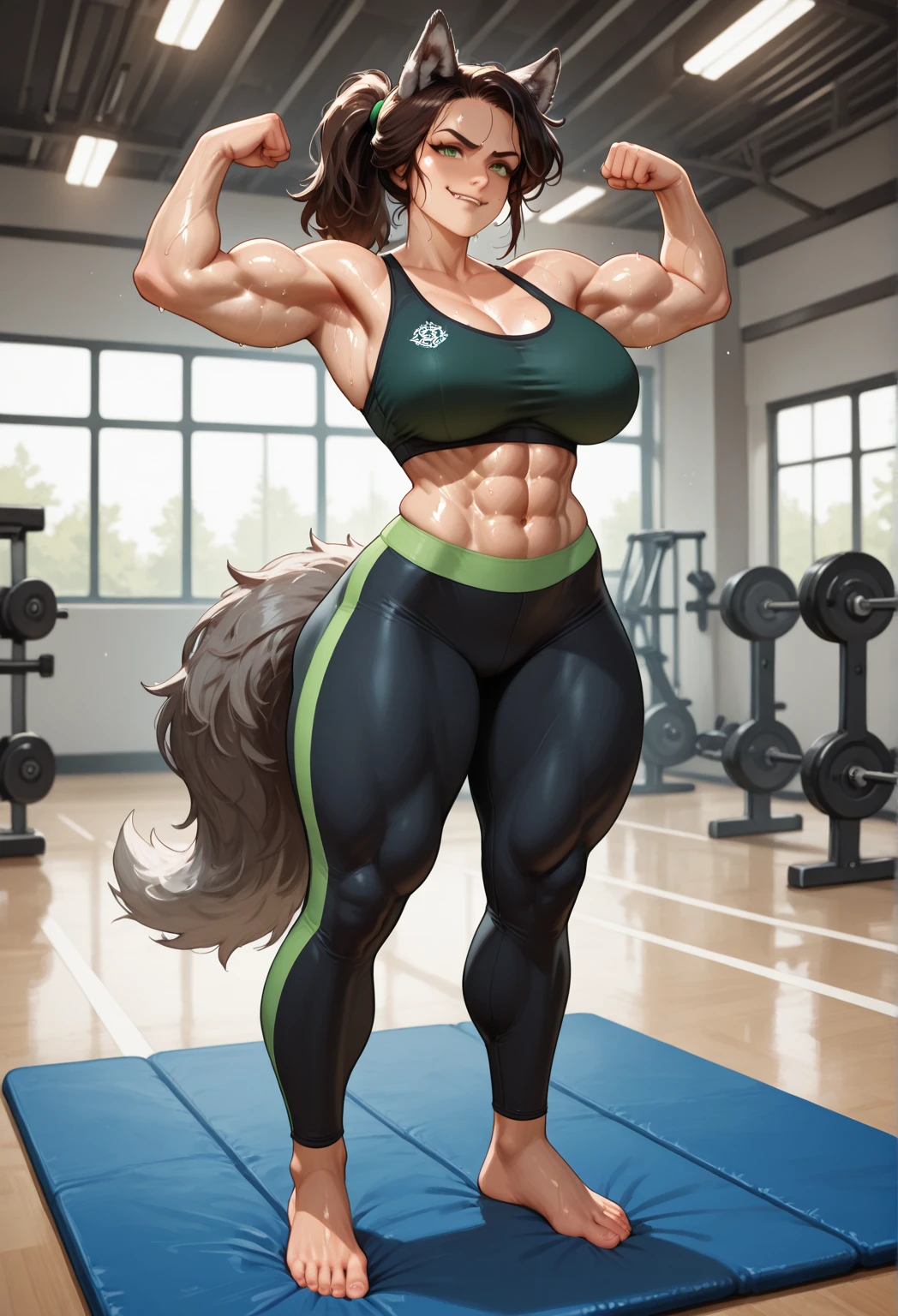 (by darkgem, by boosterpang, by duase, by BNG), solo focus, 1boy, male, lion boy, cute, girly, femboy, twink, short boy, looking at viewer, smiling, happy, large muscular body, (hyper hips:1.3), (huge bulge), bulgeJ8, long hair, detailed eyes, lust, masterpiece, best quality, lycra shorts, white tank top, pink sneakers, standing upright, photorealistic, hyperrealistic, ultradetailed, detailed background, photo background, digital drawing (artwork), girly, bedroom eyes, (aerobics class), indoors, looking at viewer, stretching, hands behind head, (tail),