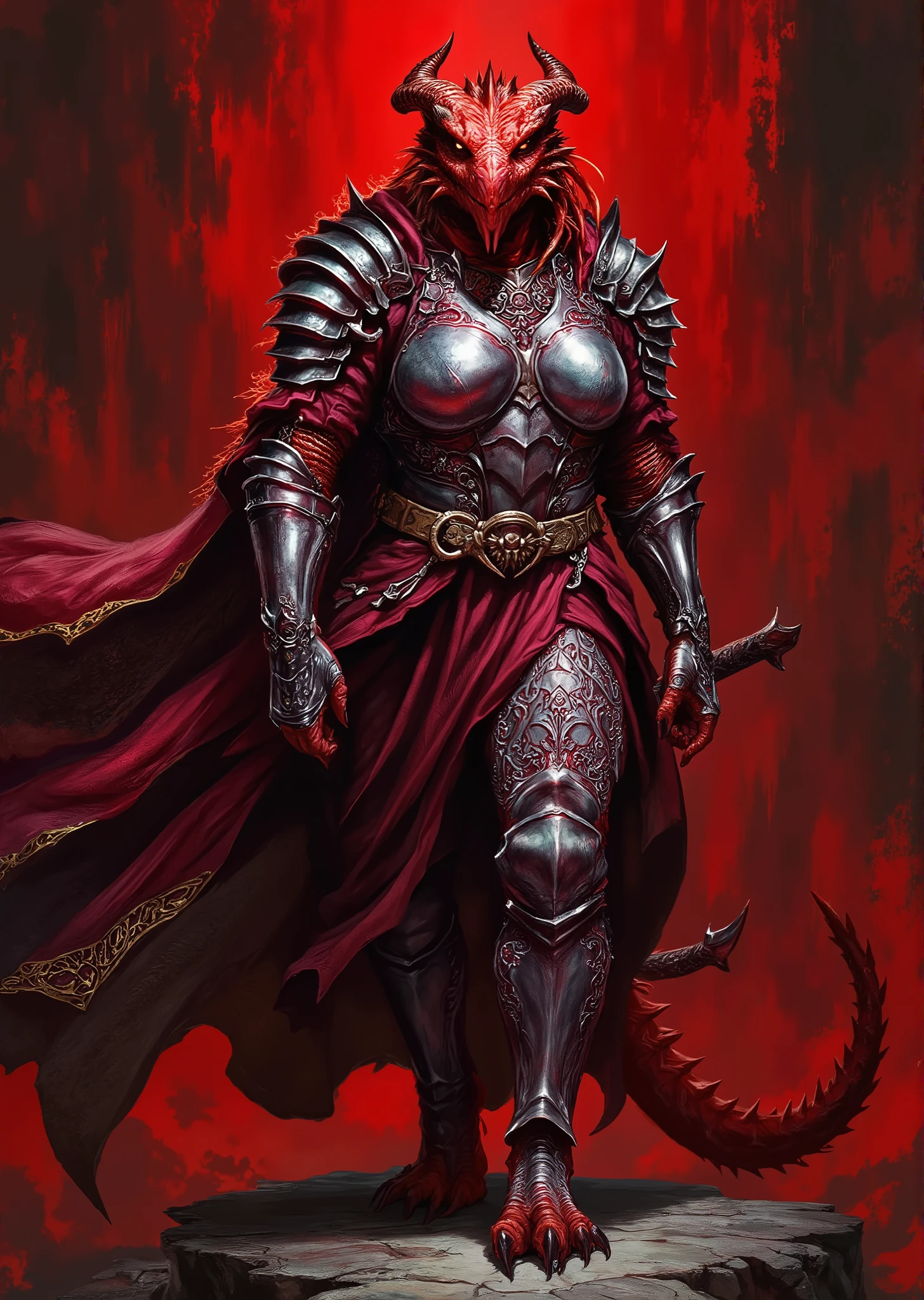 An extremely detailed comic book illustration of an extremely curvaceous Chromatic Red Dragonborn from Dungeons and Dragons which look like wingless bipedal dragons scaly bright-eyed and thick-boned with horns on their heads with a red coloration trained as a Cleric following worshiping a Goddess of War Honorable Combat and Strategy able to draw power from the realms of the gods and harness it to work miracles wearing a sturdy intricately designed chest plate that hugs her massive breasts and features ornate patterns suggesting a high level of craftsmanship with a metallic sheen likely made from a combination of steel and magical materials with sleeves adorned with lighter flexible armor that allows for movement while the gauntlets are robust providing protection to the forearms and decorative elements that match the chest plate with a cape flowing from the shoulders billowing dramatically that appears to be made from a rich shimmering fabric with a slight glow indicating it is possibly imbued with magical properties over fitted leggings reinforced with protective armor pieces with intricate designs that complement the upper armor and emphasize her extremely long legs with a belt cinching her waist in an art style inspired by Frank Miller and Conan the Barbarian. Overall, the outfit conveys a sense of authority and strength, blending functionality with aesthetic appeal, ideal for a character in a fantastical setting. The Background is awash in dark moody textured brushstrokes of blood red shades. Standing in a dynamic action pose. Trending on Art Station.