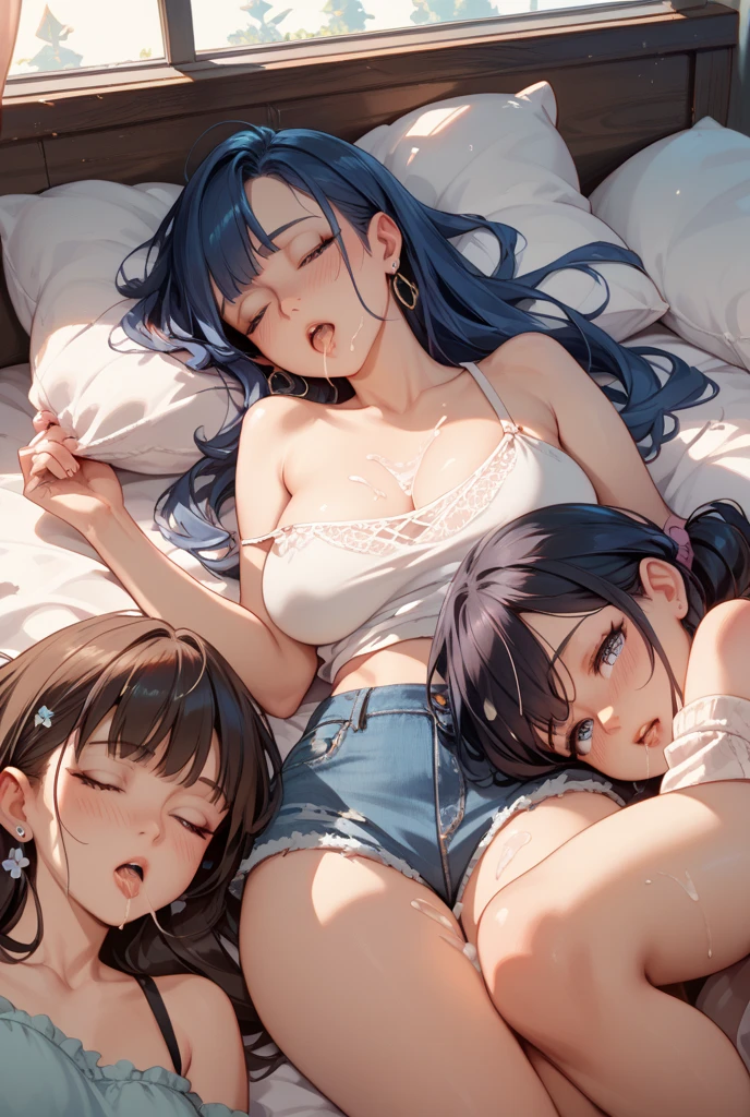 nswf:1.0,(masterpiece: 1.2, highest quality, masterpiece, Clearer images), (Bright colors), ((Take clear photos even from a distance)), (multiple girls), (Harem), (School classmates), (((All school uniforms have the same design))), (((Everyone is wearing the same navy blue skirt))), (()), ((prostitution婦)), (prostitution宿, on the bed), (cute Japanese((6 girls))), ((group shot)), (group selfie), wide angle, soft light, ((((Clothes are in disarray)))), (((bad sleeping position)))、(slightly larger breasts), ((prostitution)), (lure), ((viewers love it)), (((sleeping, closed eyes))), (((show panty:1.6)))、((((M spread legs:1.4)))、((female masturbation:1.8))、((breast grab:1.3)),(((bra lift:1.2)))、stick out one's crotch、((put index finger on mouth))、(((lie on bed)))、lying, arms up