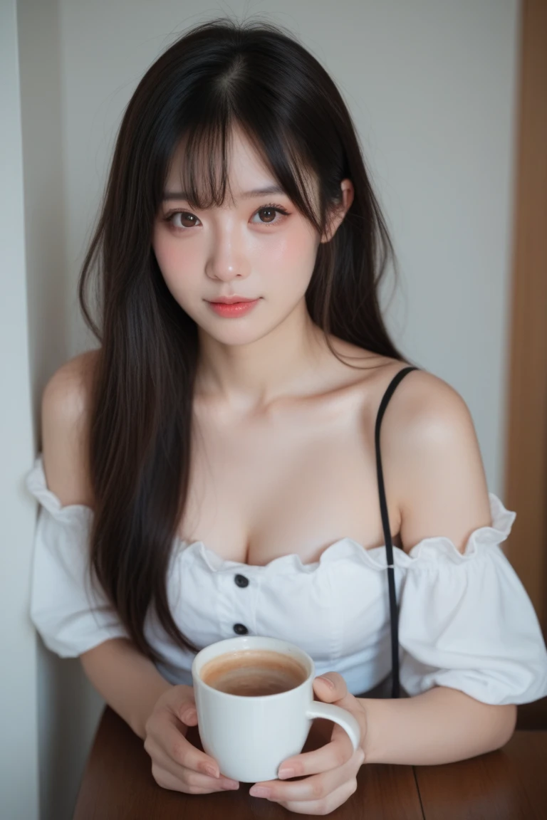 (in perspective) a gorgeous sexy brunette woman perfect 23-year-old secretary straight hair with ponytail oily silky white skin (damp) fleshy lips, (photorealistic:photorealistic, 8k masterpiece), large breasts wearing with a tight white dress shirt (highlight on breasts), sitting at a restaurant table holding a cup of coffee (hyperrealistic: realistic, environment with intricate details), with a sensual feature on the face: (texture and environment professional photography pure perfect lighting).