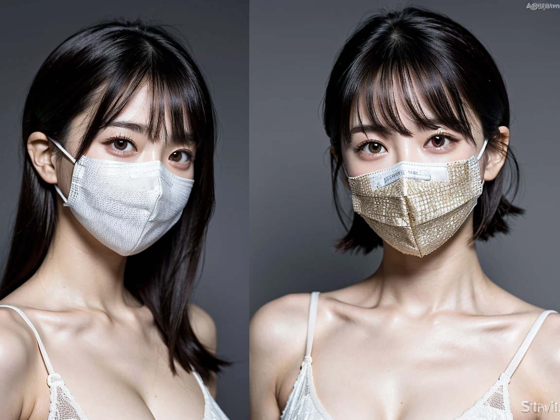 ((Highest quality, 64k, masterpiece :1.3))、((A Japanese woman with semen covering her mouth and chest))、Get on all fours and push out your chest、Black lace bra and panties、Short Bob Hair Style、((Bust size is B cup))