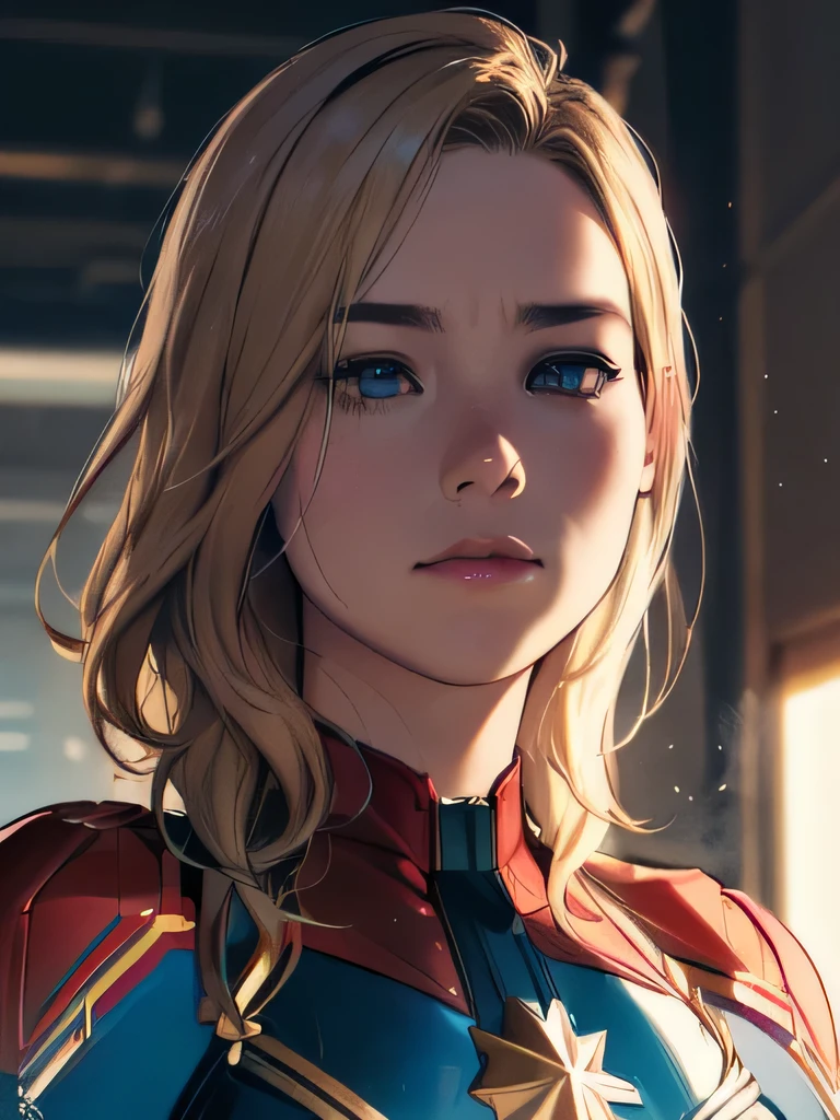 (masterpiece:1.3), (8k, realistic, RAW photo, best quality: 1.4), absurd, charm,  ultra high resolution , super real, very well detailed,  golden ratio, (realistic), (best shadow), Low Contrast, (complicated:1.4), Side Lighting, 8k, beautiful face, (realistic Face),  Beautiful Hairstyle, realistic eyes, beautiful details, (realistic Skin), beautiful skin, (one girl), ((Brie Larson, Captain Marvel)), ((chookikg:1.1)), (Accurate Hand and Finger Depiction), (long blonde hair:1.3), ((painful:1.4)), BREAK (Inside the dark factory , I can see multiple pipes), (steam), BREAK, ((upper body))