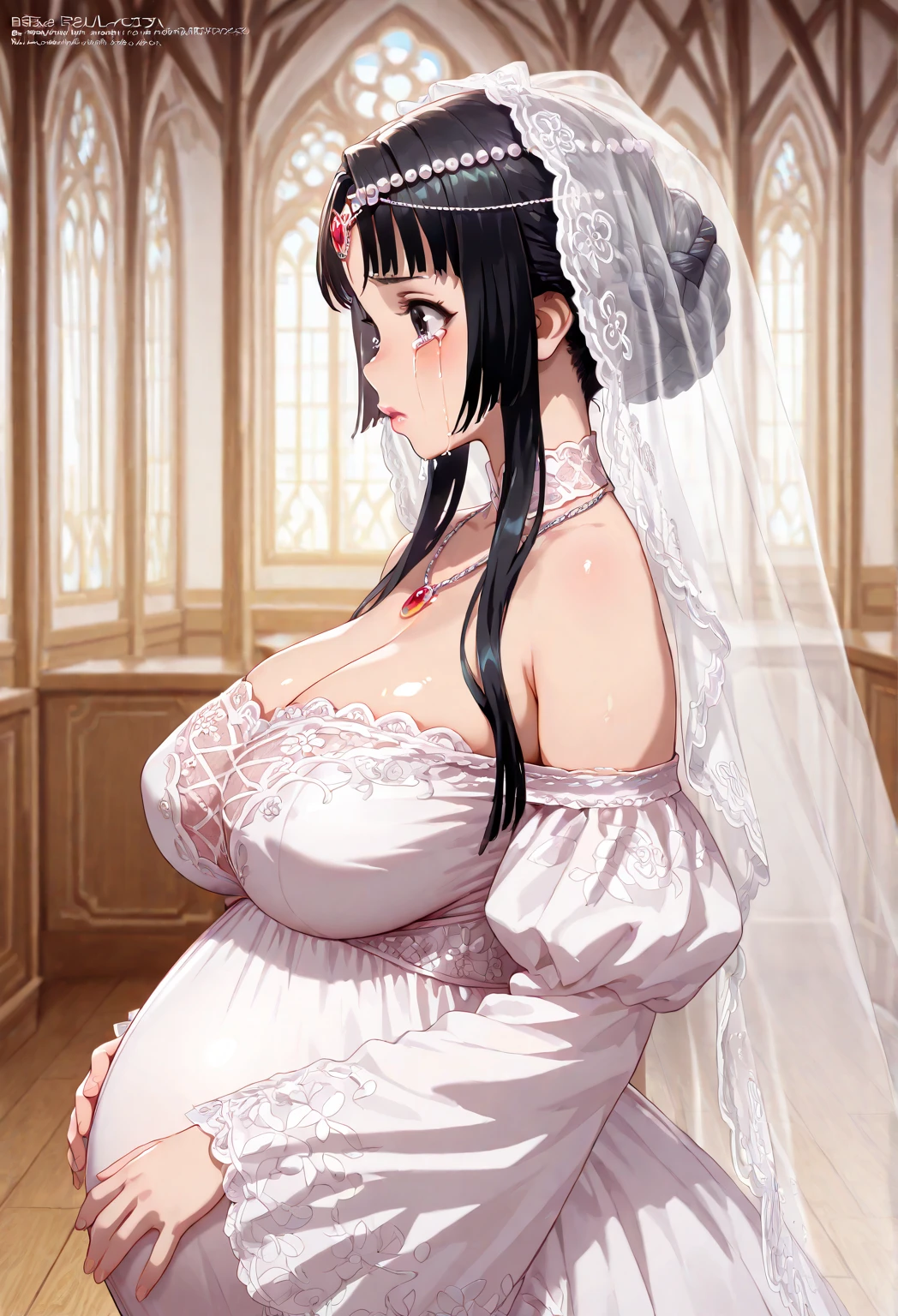 (((Beautiful, masutepiece, Best Quality, ultra-detailliert,))) 1 adult woman,Pregnant,Wedding ((Princess Dress,long frill,big frill,Long hair,))twin drills,Black hair,Hair Ribbon,Smile,smile shy, Huge breasts,Open mouth,