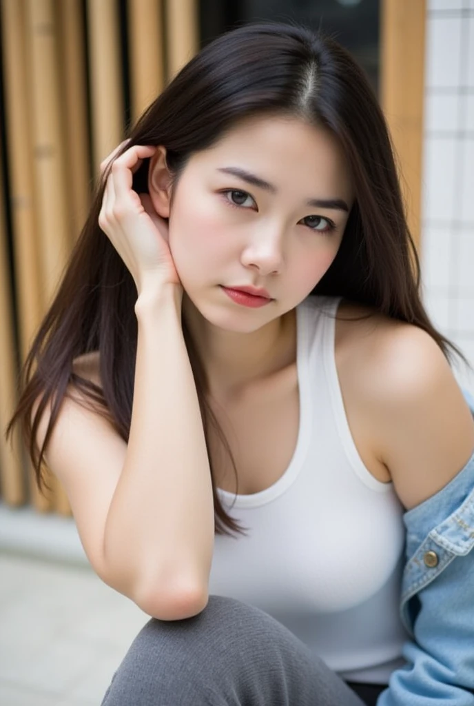 Realistic, Realistic details, detailed, One girl, thin, beautiful, Dynamic pose, detailed skin complexion, Casual clothing, Tight jeans, Yoga Tank Top, T-Shirts, thin太もも, Thigh Gap, Portraiture, Depth of written boundary, Blurred Background, Sharp focus, F1.8/35mm, perspective, Light and shadow contrast, The rule of thirds, Depth and Dimension,