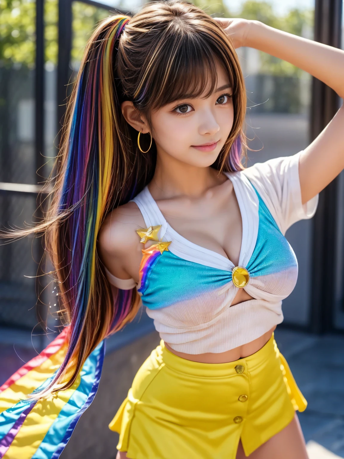 rainbow-colored world,best quality,masterpiece,ray tracing, global illumination, solo, rainbow-colored science fiction,rainbow-colored magi the labyrinth of magic, symmetry, facing viewer, lucia, (light smile:0.5), looking at viewer, long hair, (((bangs))), depth of field, bioluminescence, 25-year-old girl,full body,rainbow-colored winter uniform, high heels,black thighhighs, no nipples, cinemagraph,
<lora:SDXL lucia 000001:0.8>