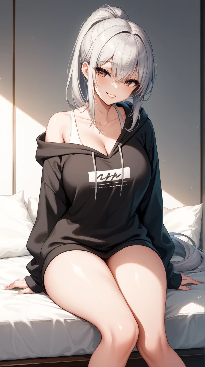 Silver Hair，Yellow Eyeaid clothes，White socks、Inside the room、Sitting on the couch，Live Room、Big Breasts、 figure