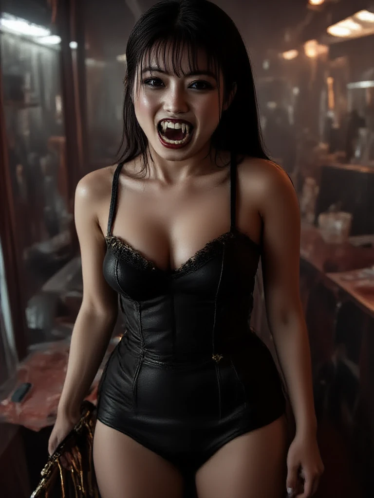 (Night view), dark room Portrait, masutepiece, Best quality, High solution, 32K HDR, Ultra-realistic texture, hyperdetailed face, Evil smile, Devil Woman, {35 year old woman}, straight black channel hair, dark purple lipstick, Detailed eyes, black tattoos on the arm, central lip ring {eroticism 1.5}, Photorealism, Full body shot, ((Overhead view)), realistic shaved armpits, sitting on the shabby sofa seat with open legs widely, (outfit: torn, devil armor, devil wings from her back), exposed ultra huge breasts and nipple visible from over view angle, big devil horns on the head, spill ultra huge breasts and nipple visible from over view angle, perfect body type, (in the dark shabby and messy basement), in the abandoned house, Detailed face,