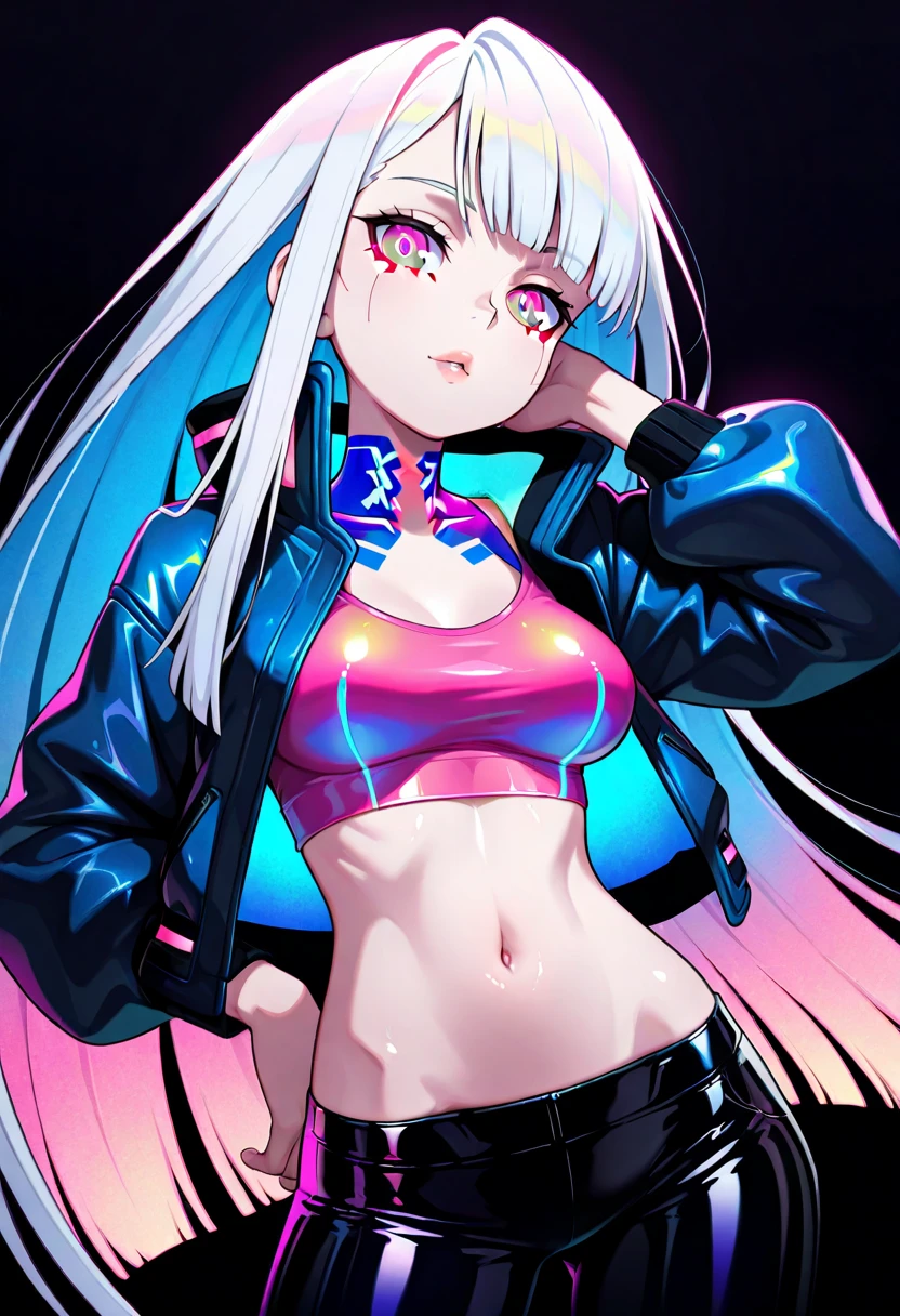 ((kinako (shiratama mochi) style)), colorful eyes, soft style, masterpiece, solo, 1 girl, topless, large nipples, nipples, black shorts, beautiful art, vibrant, colorful, medium breasts, multicolored hair, cat ear headphones, full bangs, teen, body, narrow waist, slender legs, hairband, choker, smiling, peace sign, spats, navel, thigh strap, abstract, paint splash, light hair, tongue out, long tongue, side tail hair ornaments, paint on body, waist pouch, yellow eyes, star sticker on face