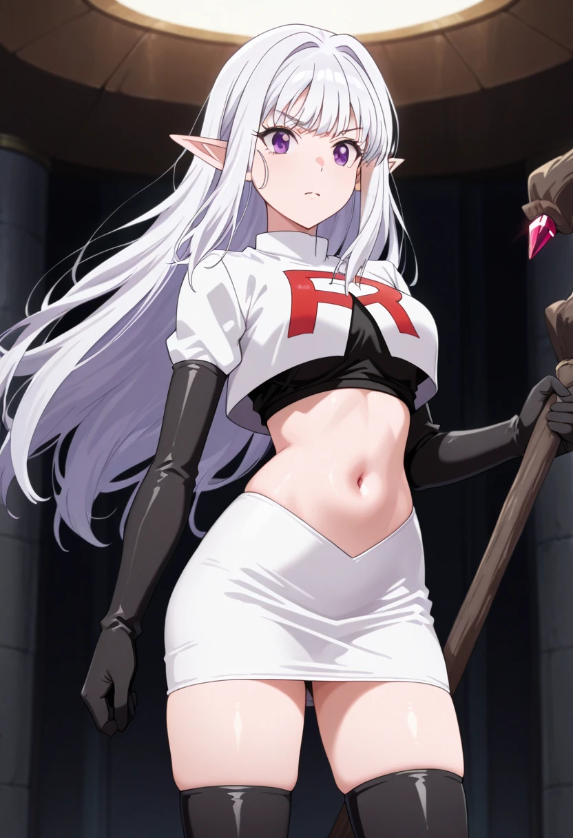 (solo, golden mecha musume, cyborg:1.1), floating, underboob, parted lips, blush, medium breasts, Shirohebi \(monster girl encyclopedia\), monster girl, lamia, pale skin, pointy ears, red eyes, scales, white hair, white scales, Buildings, arid desert, day, fantasy, mystic, surrealism <lora:haruba_negi_style_v01:1>