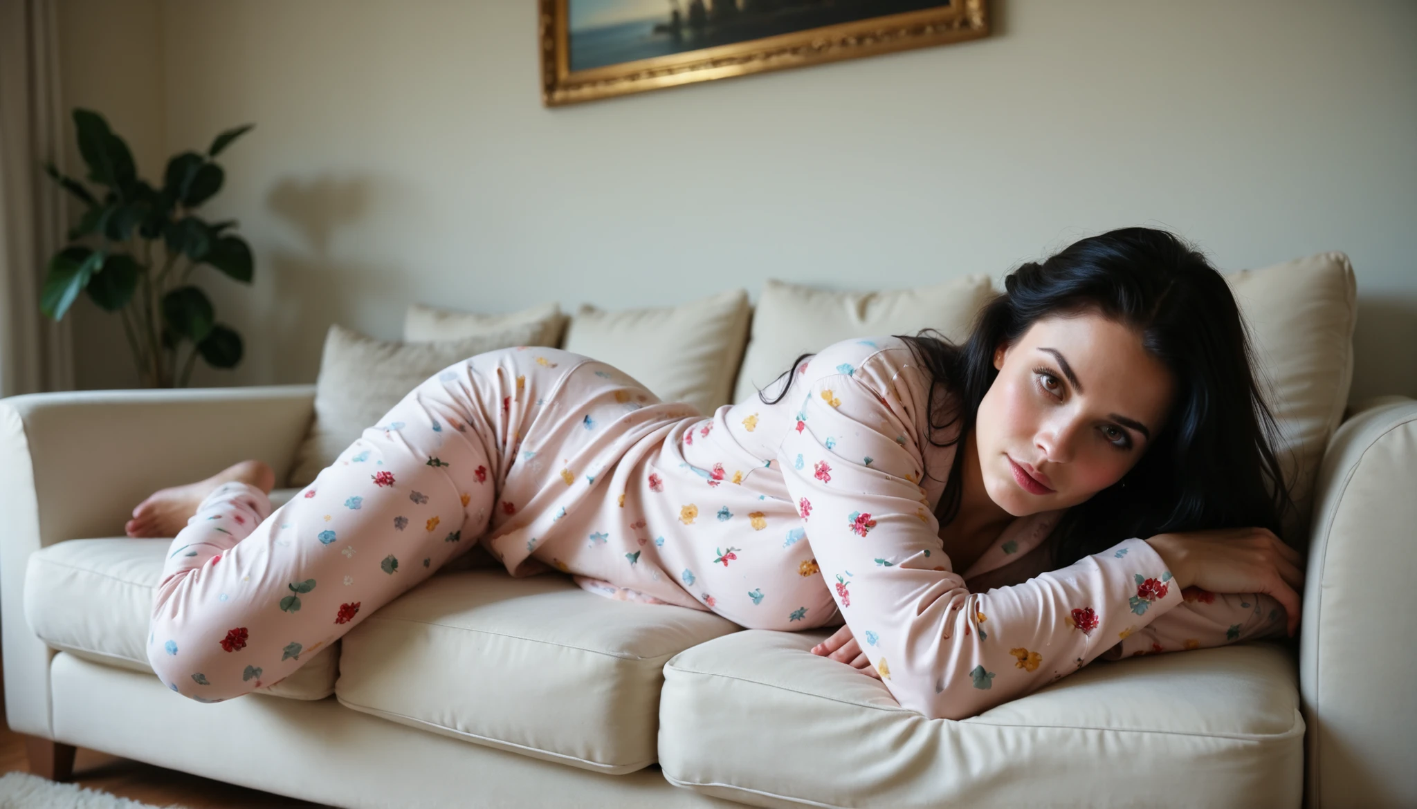 score_9,score_8_acima,score_7_acima, extremely quality foto, sharp focus, epic realism,realista, fonte_foto, proper alignment , review_explicit,32 mil,(realistic photo:1.3), small face ,medium plan,de frente, diagonal angle, Break a woman,18 years old,caucasiana, small face ,(long black hair:1.4),(cabelo liso:1.2),( slender body:1.1),bronzeado_linhas, beautiful detailed brown eyes,rubor:1.3, rosto fofo, bonito,intricate details, realista lighting, artistic photo-realism,(living room:1.2),noite, (dormindo:1.3),( lying on the couch ), (wearing pajamas:1.4, colorful pajama pants:1.2),