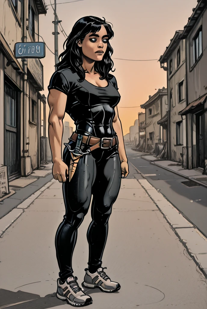 Extremely busty thin and toned brunette death metal girl, strung out, sleepy, stoned, fair skin, big hair, huge ponytail, hair pulled back, soft face, athletic, heavy makeup, piercings, tank top, crop top, studs, black pants, boots, fingerless gloves. black butterfly tattoos. standing in a dark alley at night. Outdoors, exterior, Nighttime. neon lights. (detailed background.) Sly, Seductive, large breasts.