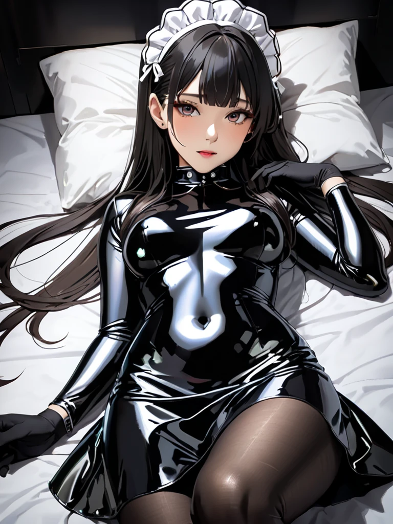 high quality, masterpiece, Super detailed, 1 girl, and its detailed face, Christmas black latex full body suit,black gloves,black christmas stockings,Maid tiara,gagged,BDSM,handcuffs,collar,calm expression,Smile,handcuffs,collar,long black hair, charming pink eyes, fox ears, Ridiculously big, shiny skin, sitting on the snow,Cover your chest with your hands,Bright Christmas night scene