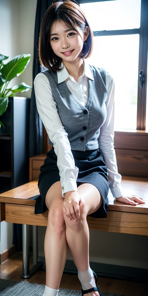 1 girl in(8K、Raw photography、top-quality、​masterpiece:1.2)、(realisitic、realisitic:1.37)、(((ultra-detailliert、FULL BODYSHOT、Office Lady Working in a Company、overtime、s Office、Mini Tight Skirt Suit、Sleeveless、Officelady、realistic eyes and face details、natural skin textures、decolletage、Armpit、thighs thighs thighs thighs、Raw feet、Fair skin、A detailed face、真实感、Realistic background、Realistic lighting、short cut hair)))