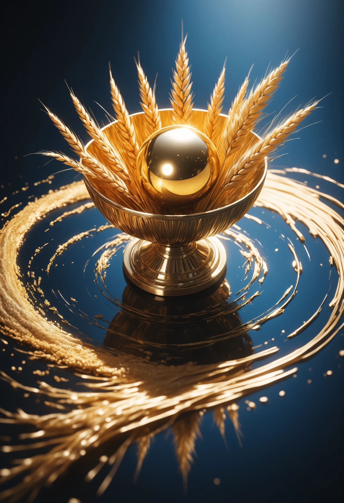 Manufactured with real gold, three-dimensional golden crest celebrating a good harvest of golden wheat, from above, Smooth polished golden three-dimensional composition, Realistic golden reflections and luster are glossy golden sparkles, The blue background aesthetically attracts gold,
BREAK everything is formed of melted gold, Dramatic brilliance Aesthetic Golden Legend, Minimalism that makes golden reflections realistic, Gold Rush,
dramatic shadows created by three-dimensional molten gold wheat statues, polished golden smooth surface reflection, ultra high resolution, amazing quality,