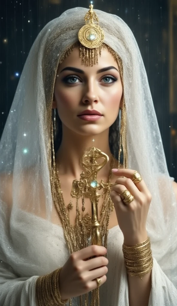 A spiritual female figure resembling a goddess, portrayed as a mystic fortune-teller. She has an ethereal and divine presence, with intricate and ornate details, making her appear as though she exists in reality. The image should have a photographic quality with sharp details, capturing her mystical and otherworldly aura.