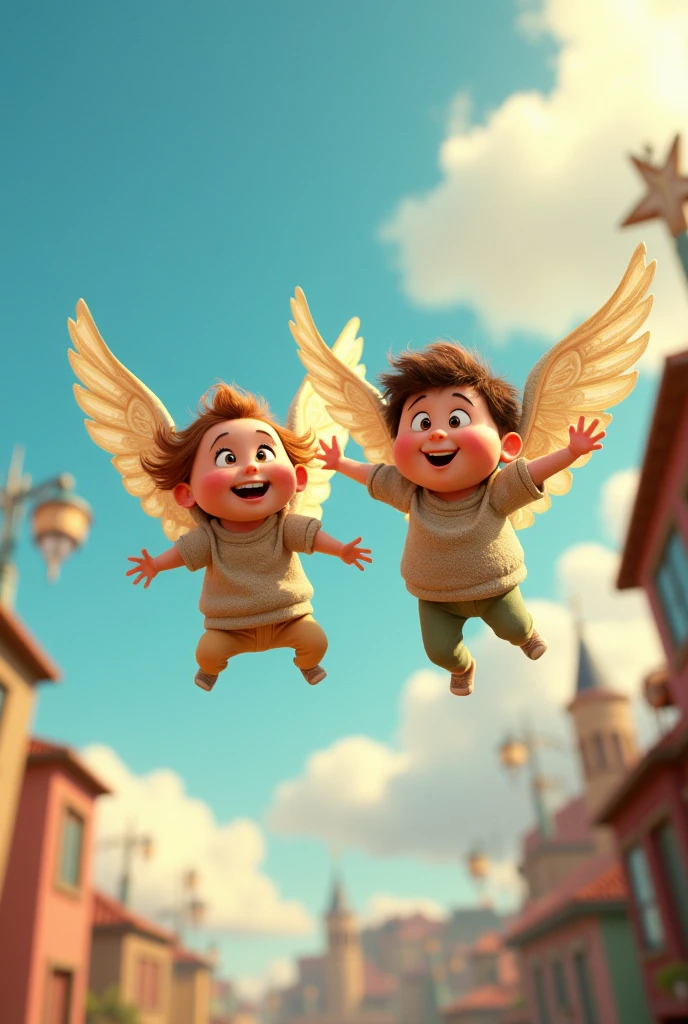 Pixar Style magic school student Boys and Girls Flying in the sky with angel wings