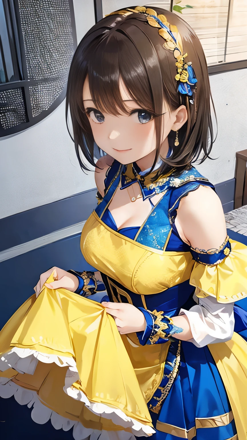 A beautiful girl busty gravure idol wearing a blue and gold bicolor dress, Short black hair