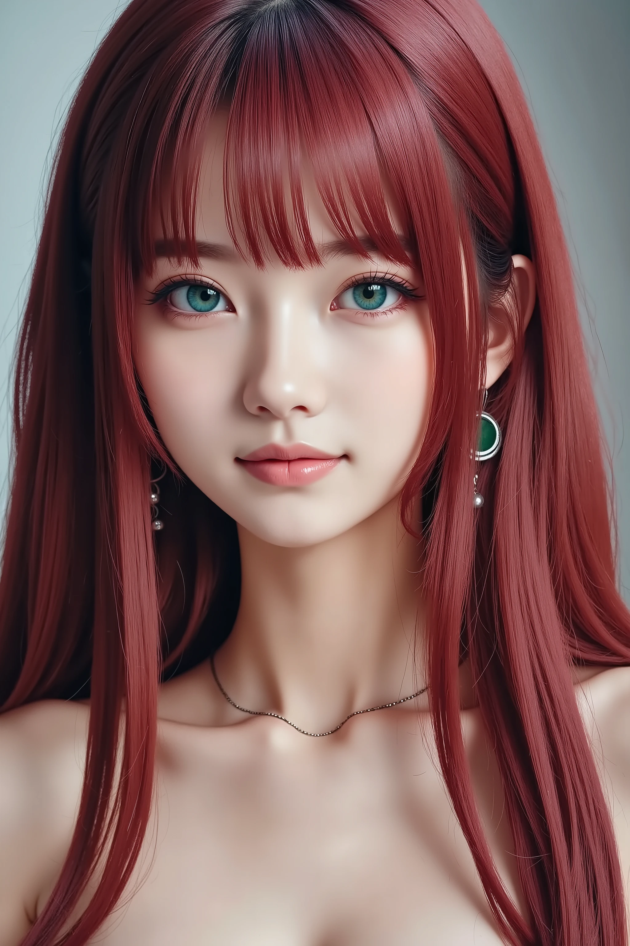 (8k, RAW photo, photorealistic:1.25) ,( lipgloss, eyelashes, gloss-face, glossy skin, best quality, ultra highres, depth of field, chromatic aberration, caustics, Broad lighting, natural shading,Kpop idol,red eyes, red hair, red clothes,red cap) looking at viewer with a serene and goddess-like happiness,